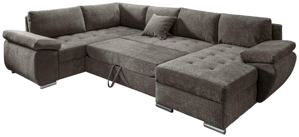Wohnlandschaft Terana Graubr. mit Schlaffunktion, Mikrofaser - Chromfarben/Graubraun, KONVENTIONELL, Textil (219/305/157cm) - Livetastic