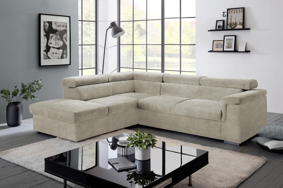 Ecksofa mit Schlaffunktion + Bettkasten Milla, Webstoff - Platinfarben, Basics, Holz/Textil (217/252cm) - MID.YOU