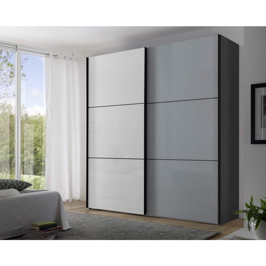 Schwebetürenschrank Mit Glasfront 225cm, Weiß/Hellgrau