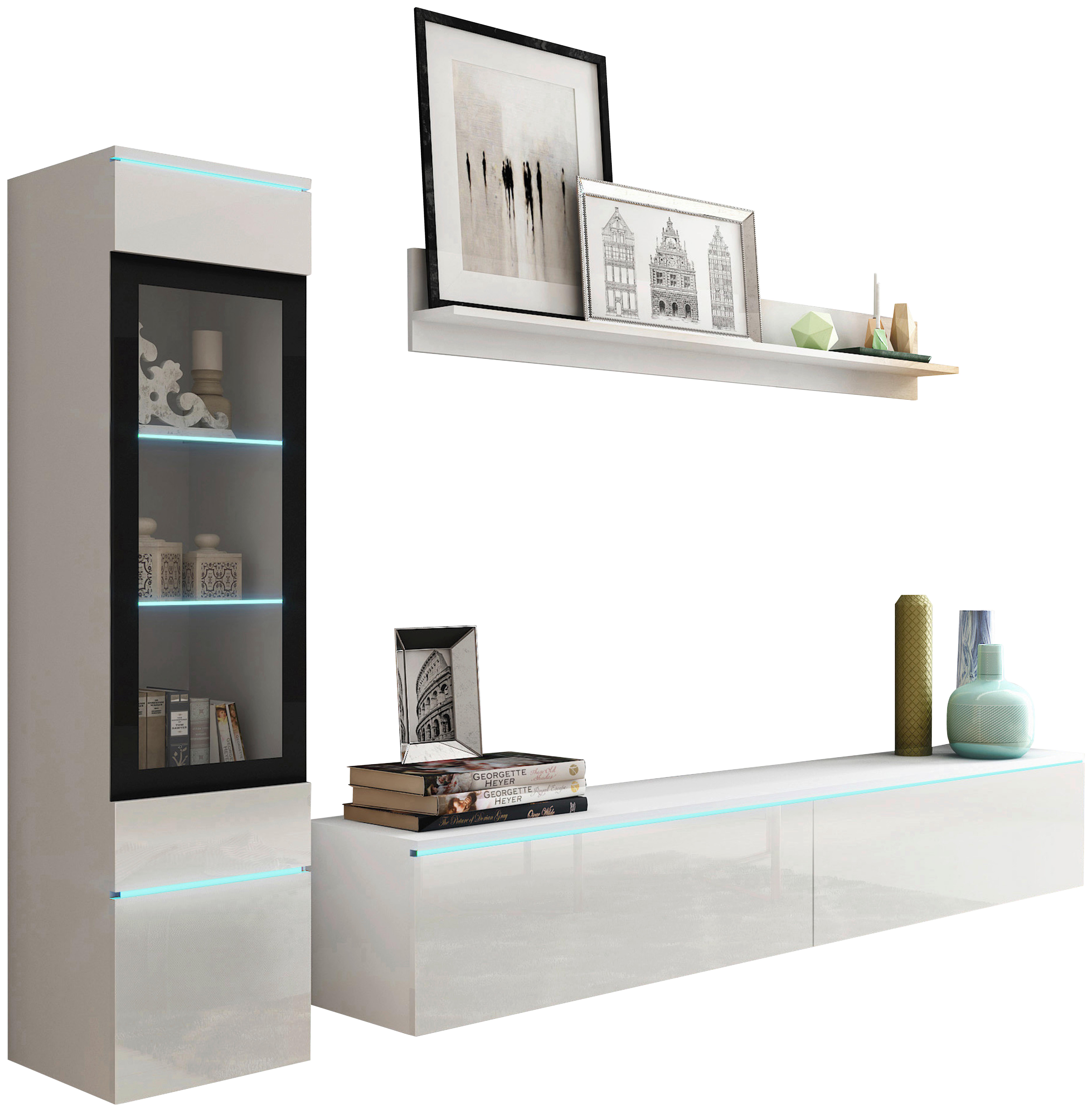 Wohnkombination 3-Tlg. mit Led Vera Weiß Hochglanz - Weiß Hochglanz/Weiß, LIFESTYLE, Glas/Holzwerkstoff (210/130/33cm) - P & B