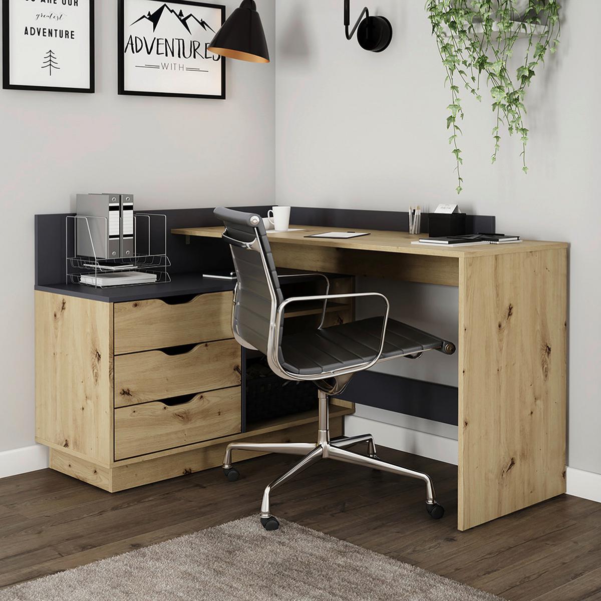 Eckschreibtisch Mit Stauraum B 105cm H 84cm Belfast - Anthrazit/Eiche Artisan, LIFESTYLE, Holzwerkstoff (129/105/84cm) - MID.YOU