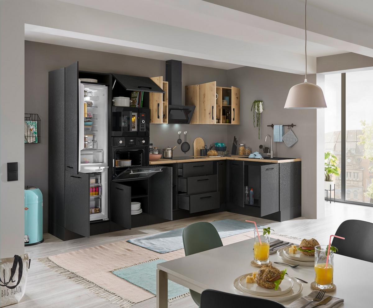 Eckküche Turin Schwarz/eiche Dekor 330x165 Cm - Schwarz/Eiche Artisan, Basics, Holzwerkstoff (330/165cm) - MID.YOU