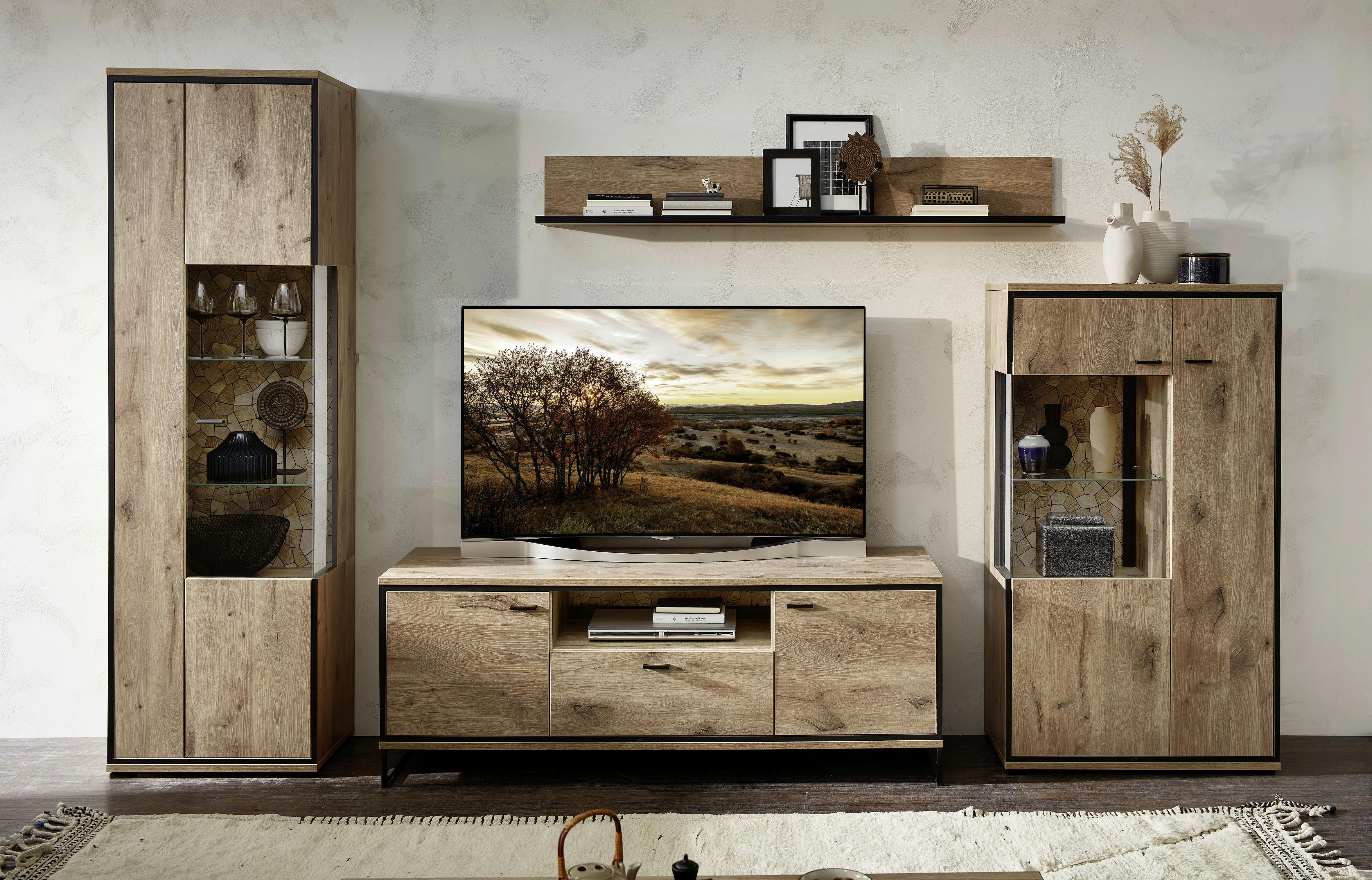 Vitrine Ruben - Eichefarben/Schwarz, KONVENTIONELL, Glas/Holzwerkstoff (80/144/40cm) - Livetastic