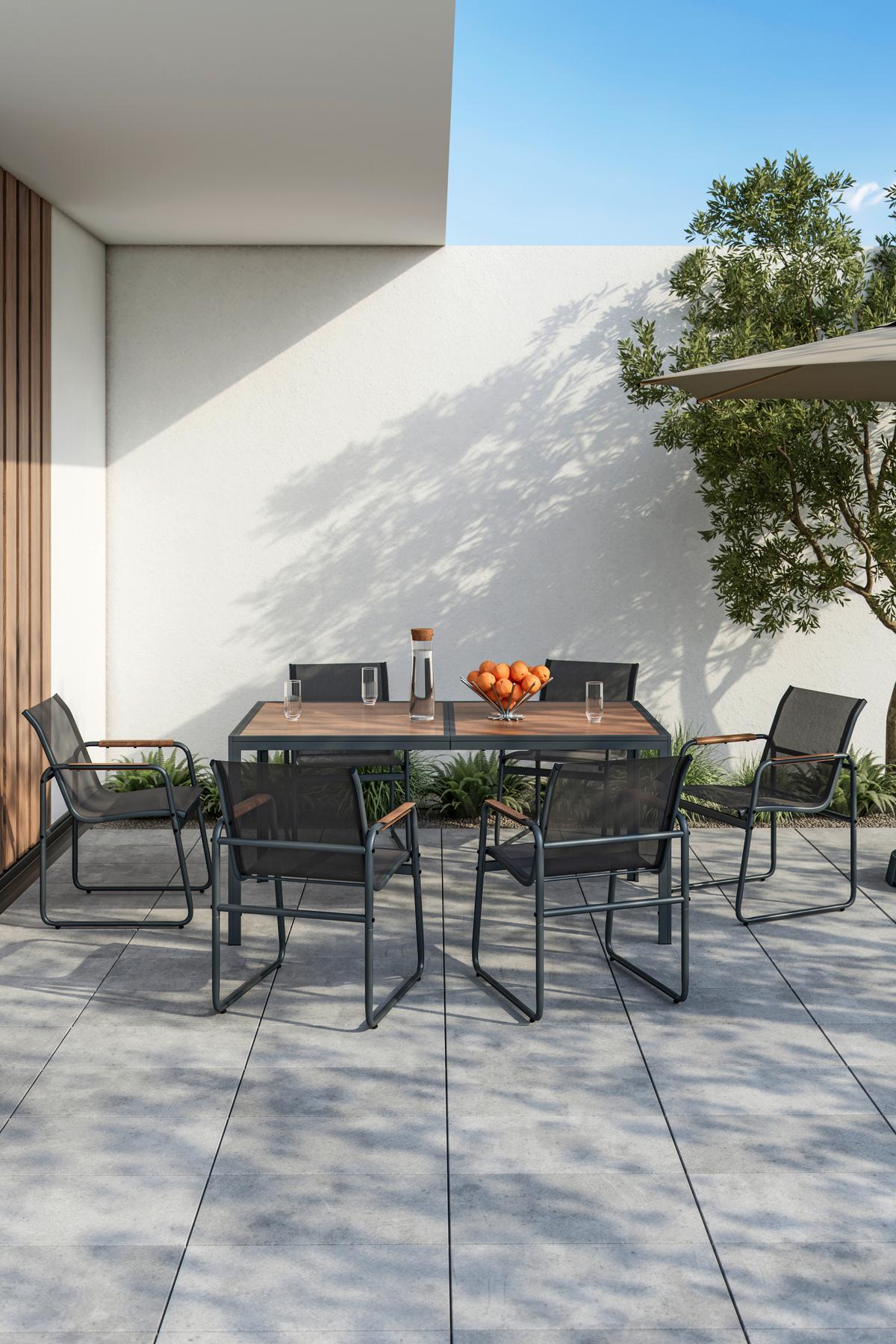 Gartenmöbel Set 7-Tlg. Genua aus Metall/Kunststoff/Textil - Dunkelgrau/Naturfarben, MODERN, Kunststoff/Textil (53/160/82/75/59,5/90cm) - Beldano