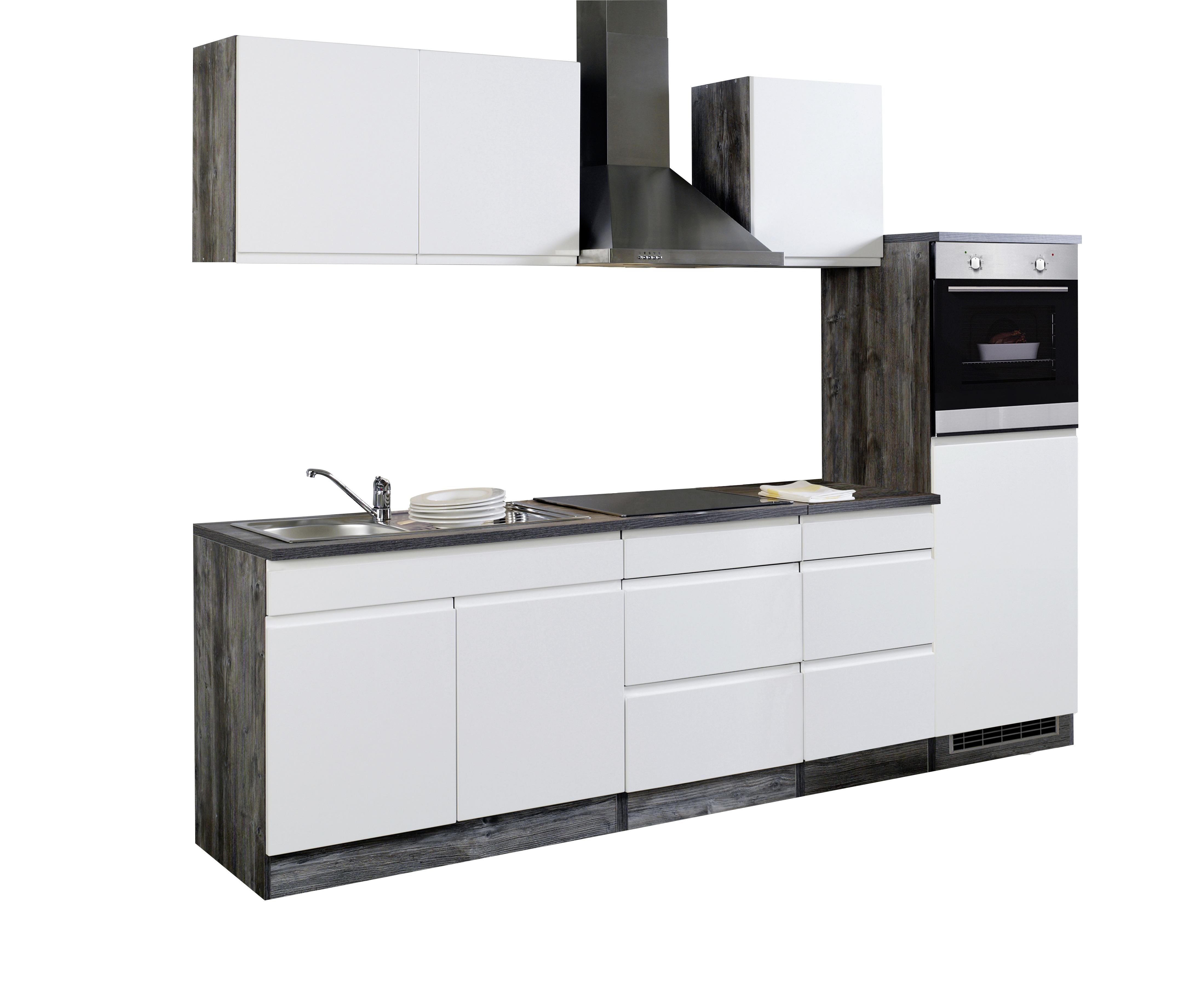 Küchenzeile Cardiff mit Geräten 270 cm Weiß Hochglanz/Eiche - Eichefarben/Weiß, Basics, Holzwerkstoff (270cm) - MID.YOU