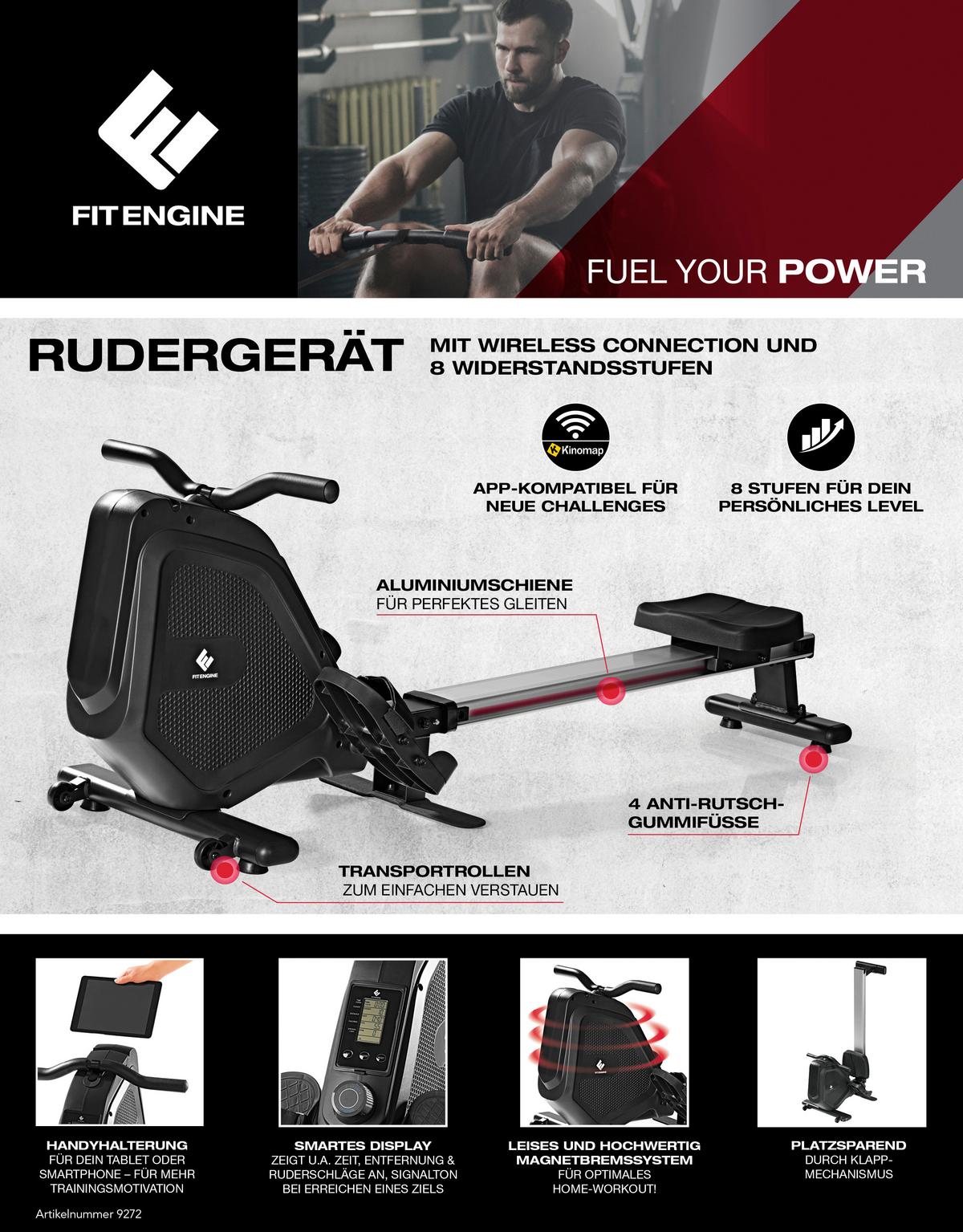 Rudergerät 09272 Fitengine Rudergerät - Schwarz, LIFESTYLE, Kunststoff/Metall (180/54/24,5cm)