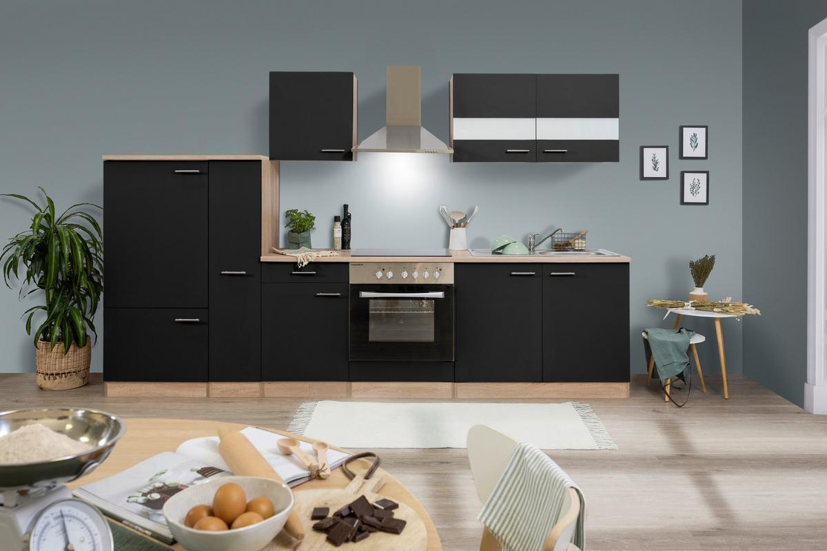 Küchenzeile ohne Geräte B: 300 cm Schwarz/Eiche Dekor - Eichefarben/Schwarz, Basics, Holzwerkstoff (300cm) - Respekta