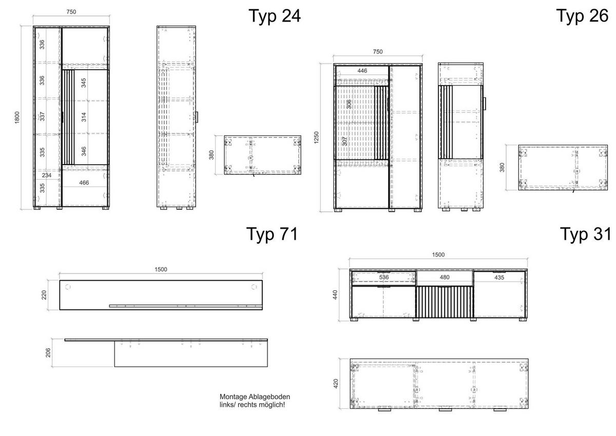 Wohnwand Hudson Weiß/Schwarz B: 320cm - Schwarz/Weiß, Design, Glas/Holzwerkstoff (320/180/42cm) - MID.YOU