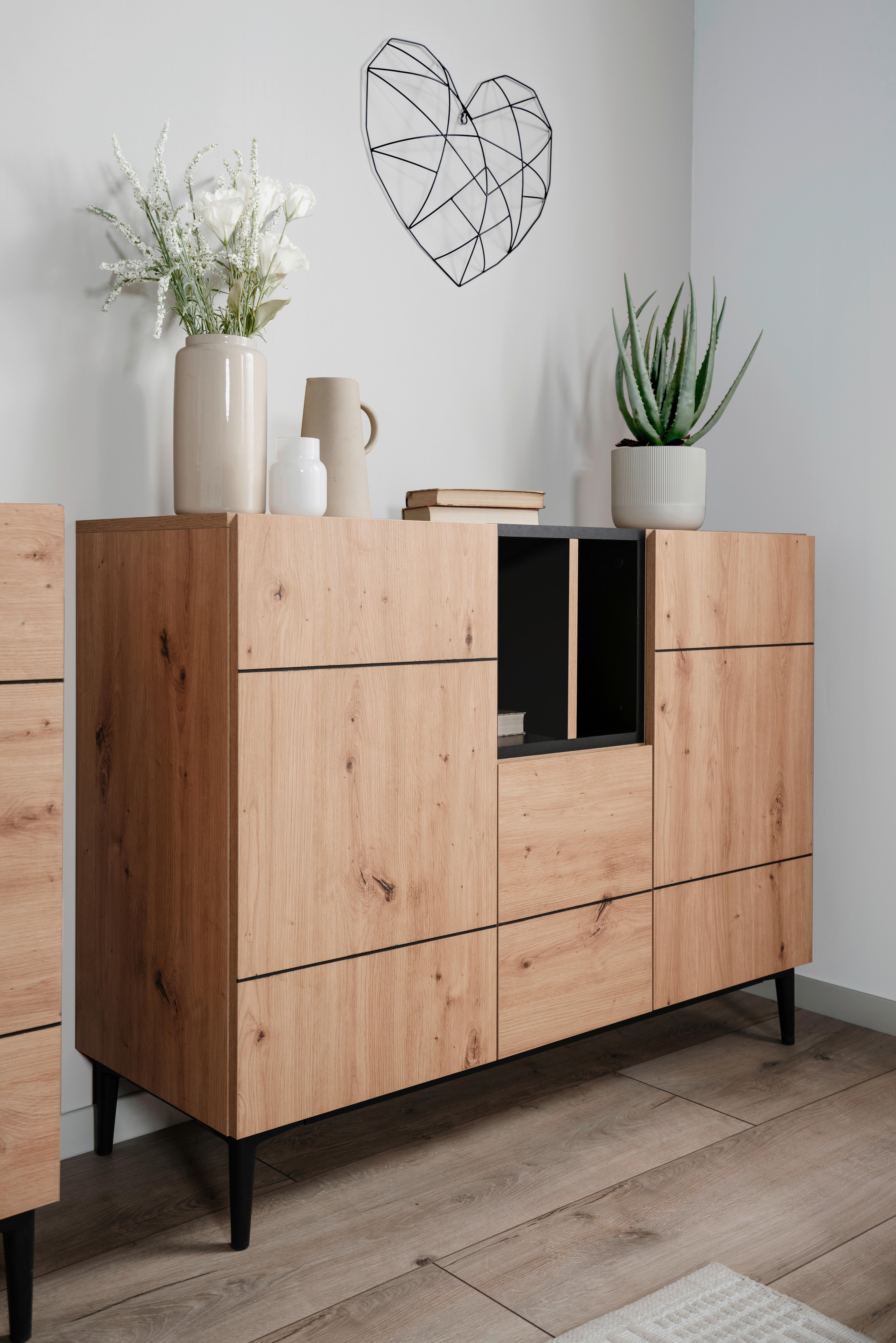 Kommode B 120 cm Nola, Eiche Dekor/Schwarz - Eichefarben/Schwarz, KONVENTIONELL, Holzwerkstoff (120/90/42cm) - MID.YOU