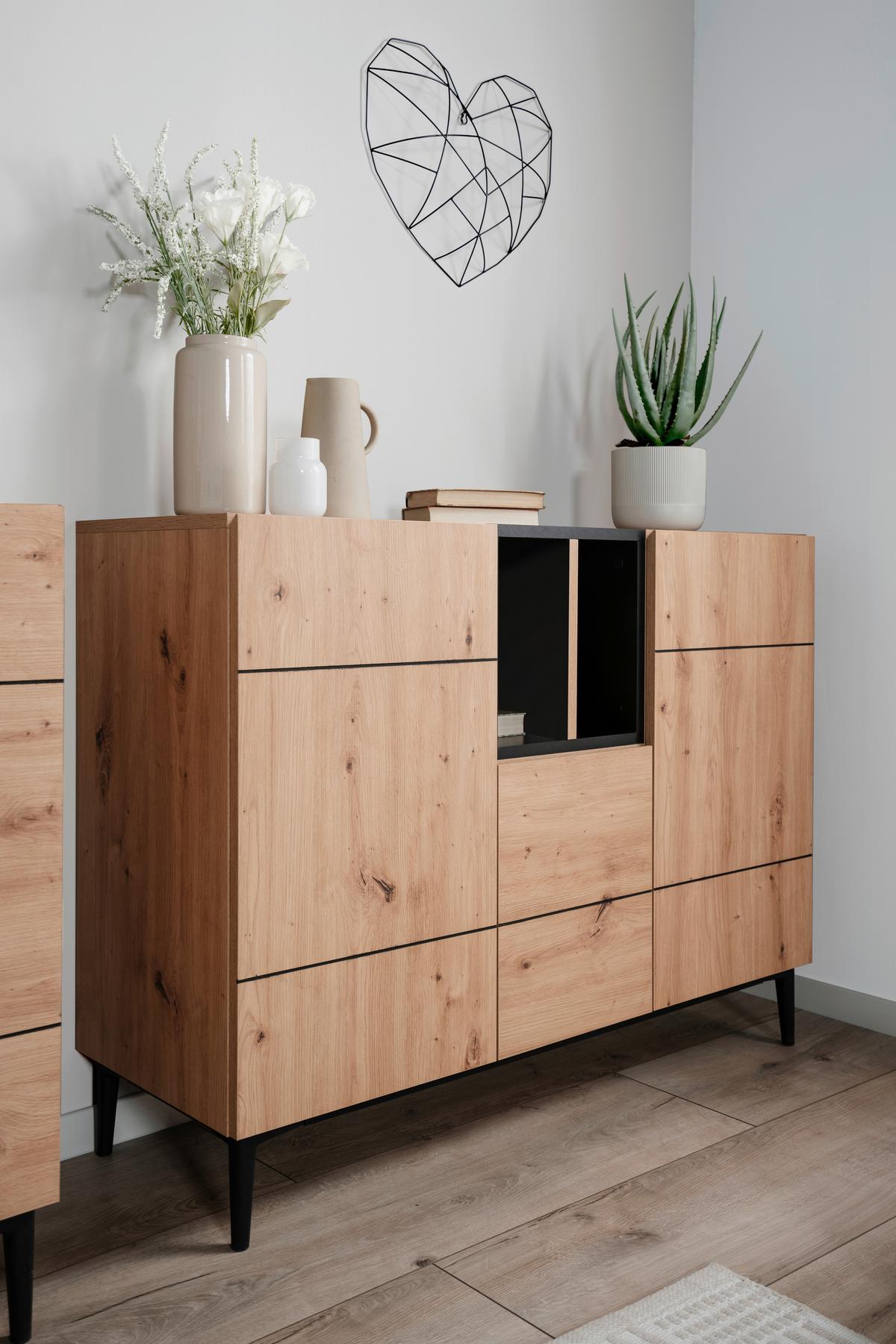 Kommode B 120 Cm Nola, Eiche Dekor/schwarz - Eichefarben/Schwarz, KONVENTIONELL, Holzwerkstoff (120/90/42cm) - MID.YOU