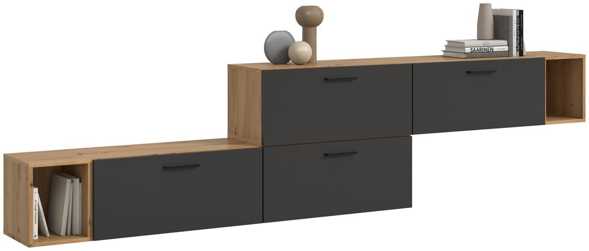Wohnwand, The One 4, B: 276 cm Grau/Artisan Eiche Dekor - Schwarz/Eiche Artisan, Trend, Holzwerkstoff (276/97/34cm)