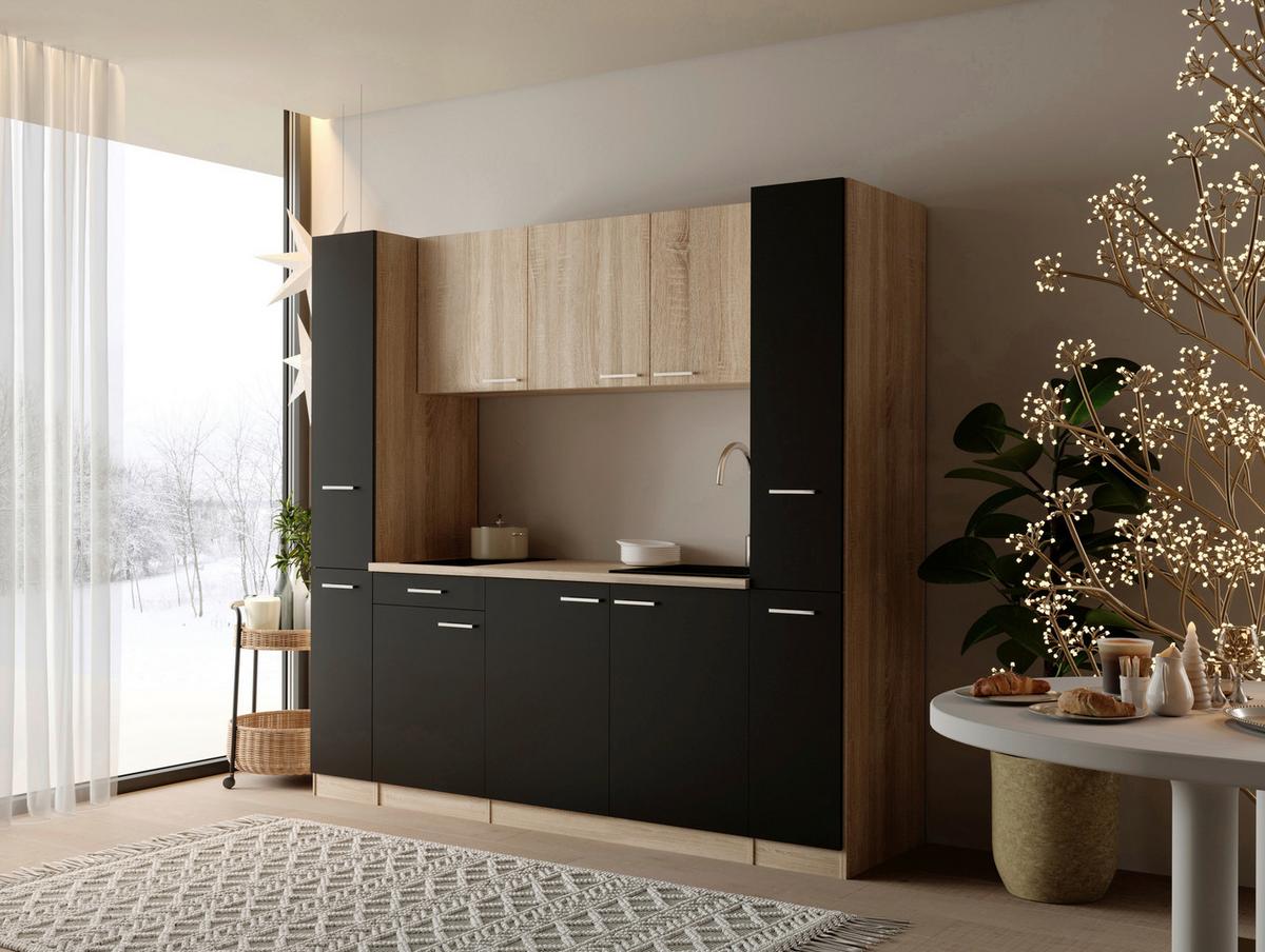 KÜCHENBLOCK Ingrid, Schwarz B: 210 cm - Eichefarben/Schwarz, Design, Holzwerkstoff (210cm) - Respekta
