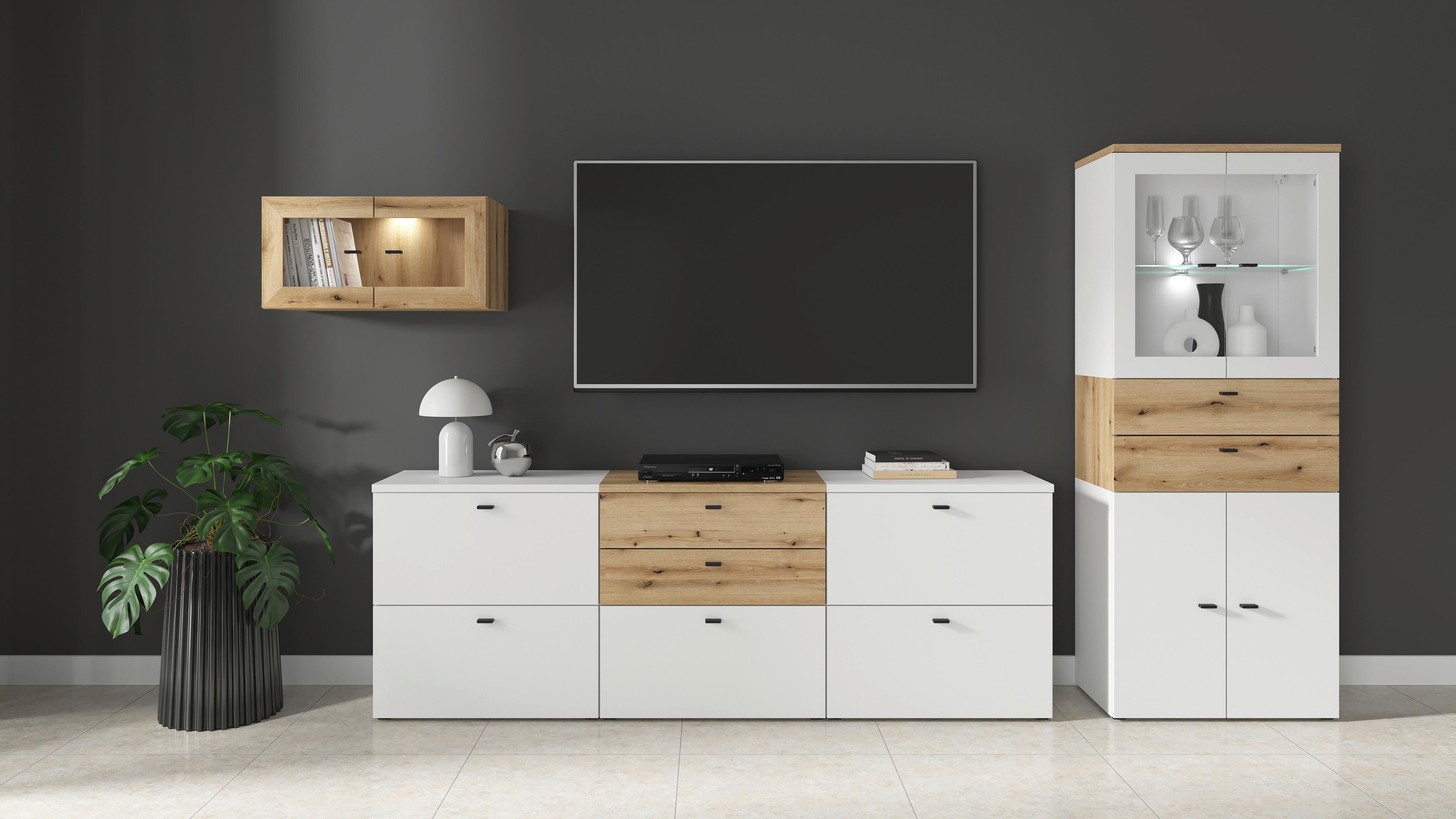 Wohnwand Sixty-four Weiß/eichefarben - Eichefarben/Schwarz, Trend, Holzwerkstoff (320/160/35cm)