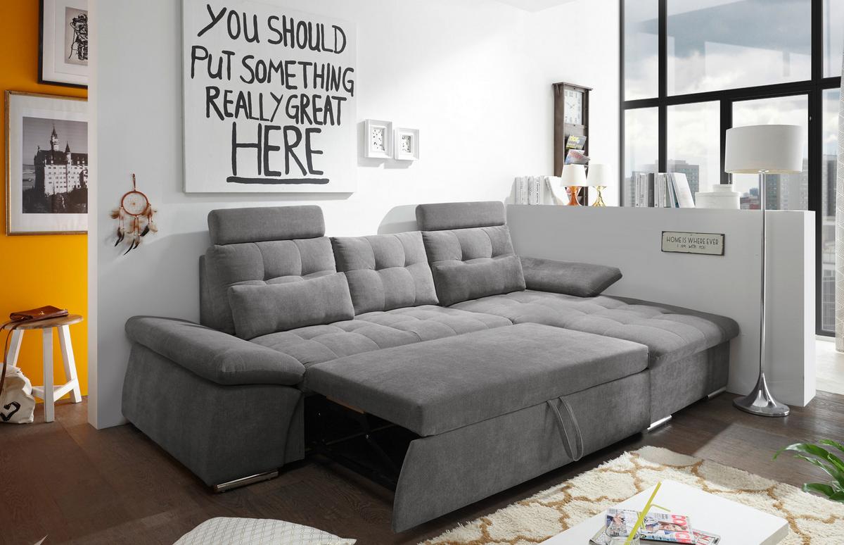 Ecksofa mit Schlaffunktion Nalo Longchair, Webstoff - Silberfarben/Grau, KONVENTIONELL, Holzwerkstoff/Textil (268/170cm) - MID.YOU