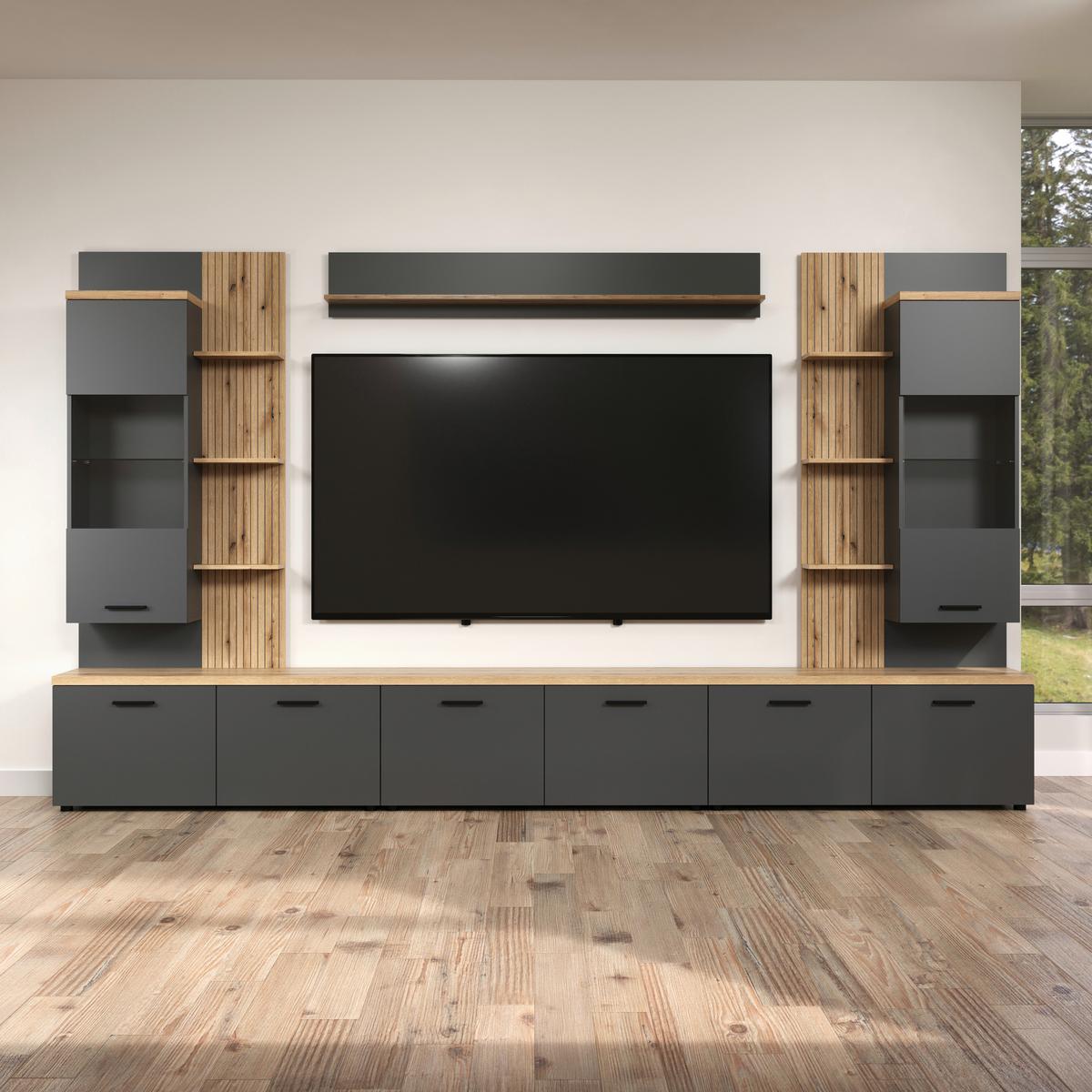 Wohnwand Baggio Anthrazit/Eichefarben B: 360cm - Eichefarben/Anthrazit, Design, Glas/Holzwerkstoff (360/212/40cm) - MID.YOU
