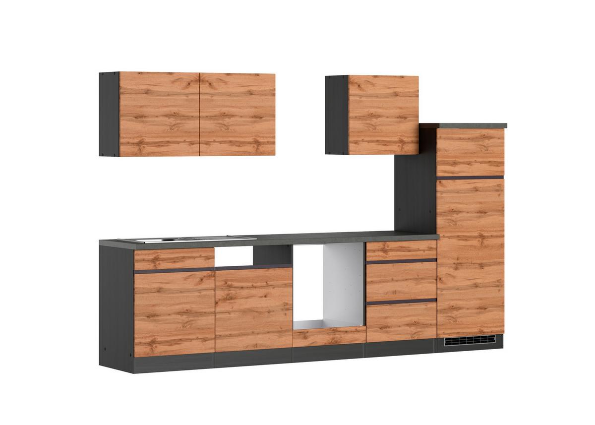 Küchenzeile Turin ohne Geräte B: 300 cm Graphit/Eiche Dekor - Eiche Wotan/Graphitfarben, Design, Holzwerkstoff (300cm) - Held