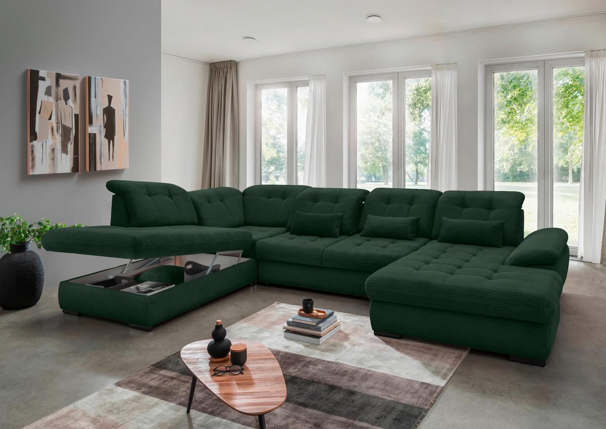 Wohnlandschaft Mit Bettkasten Rigatti Dunkelgrün B: 387 Cm - Dunkelgrün/Schwarz, MODERN, Textil (252/387/184cm) - Livetastic