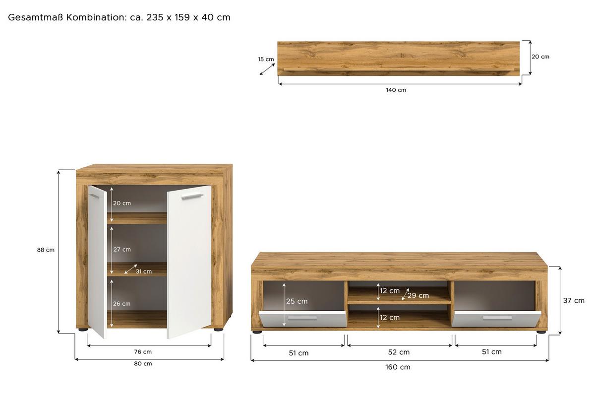 Wohnwand Jam Eiche Dekor Weiß 3-Teilig B: 255 Cm - Eiche Wotan/Schwarz, Design, Holzwerkstoff (255/159/35cm) - MID.YOU