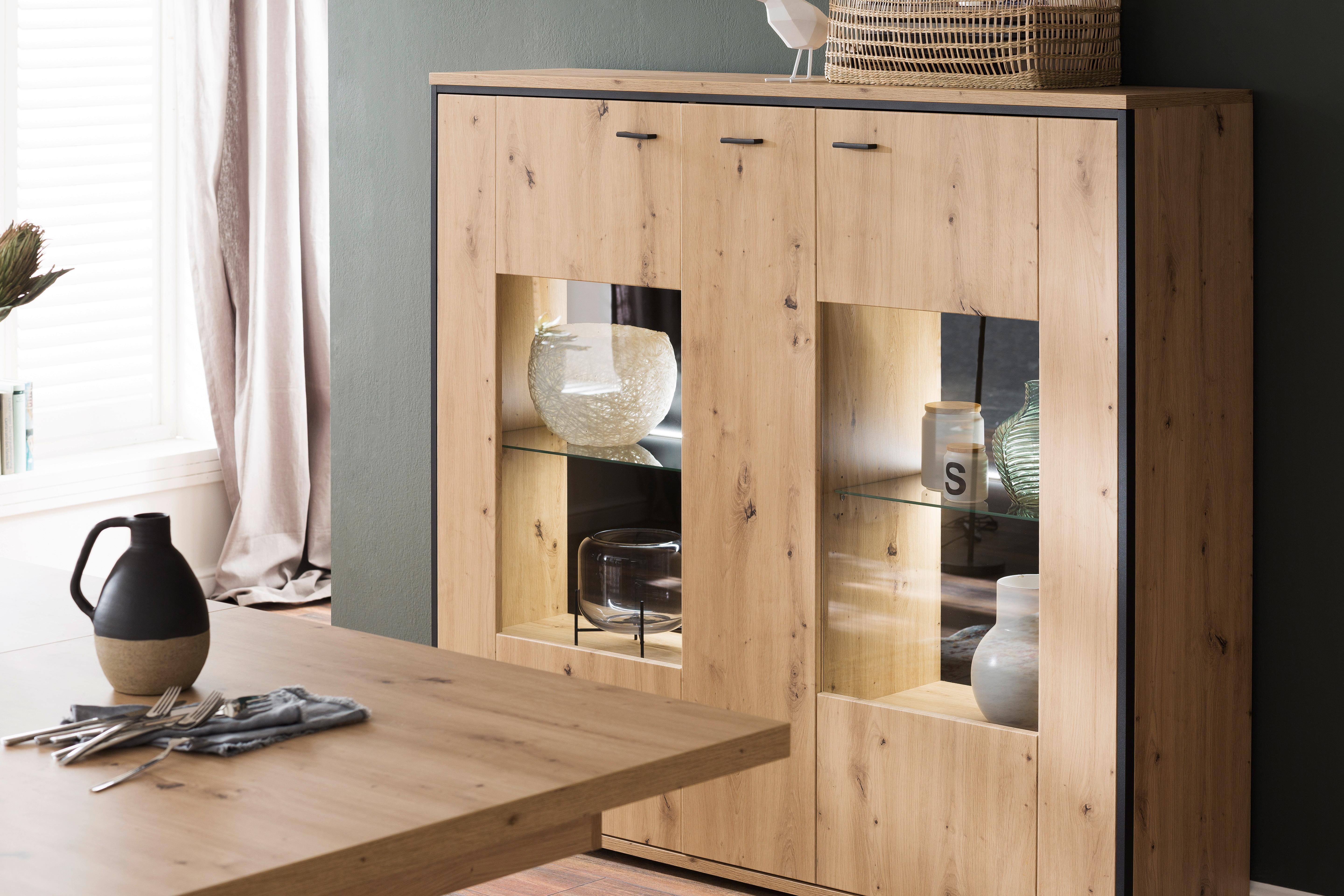 Highboard B: 153 cm Buenos Aires Anthrazit/Eichefarben - Eichefarben/Anthrazit, Design, Glas/Holzwerkstoff (153/143/38cm) - MID.YOU