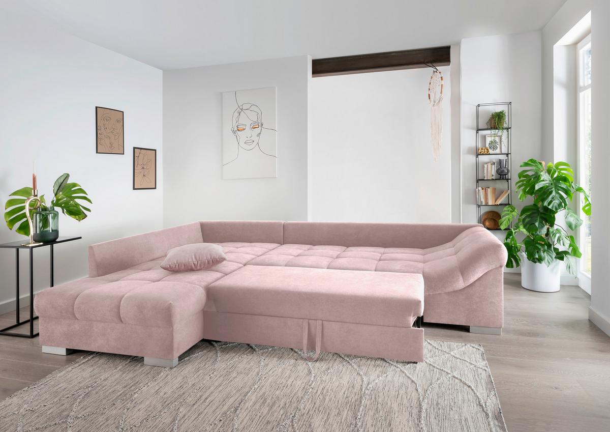 Eckschlafsofa Alvito Rosa S: 202/298 cm - Silberfarben/Rosa, Design, Textil (202/298cm) - MID.YOU