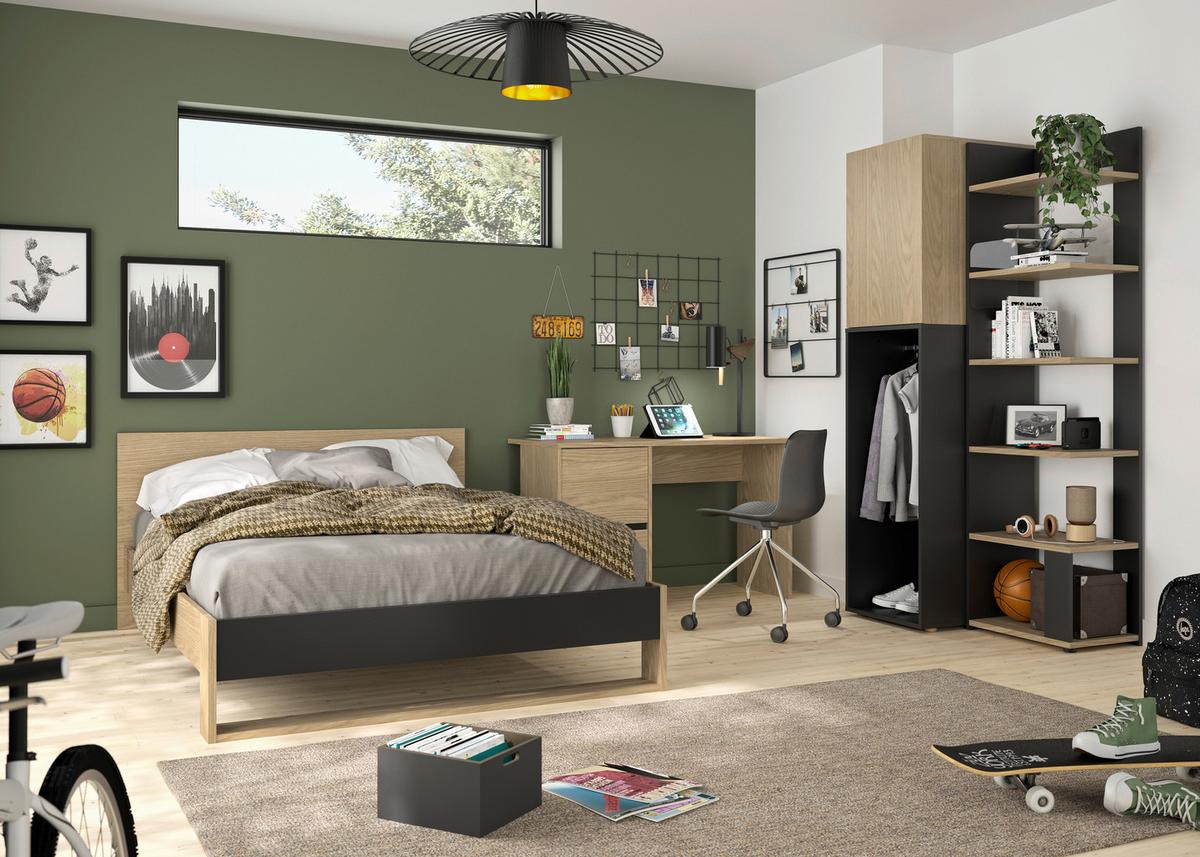 Bett NAEL 140x200 cm - Eichefarben/Schwarz, Basics, Holzwerkstoff (140/200cm)