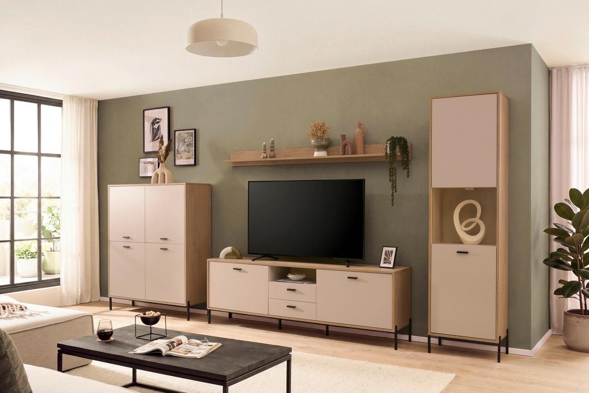 Wohnwand Fredericia Kaschmir/Eichefarben B: 384 cm - Kaschmir/Eichefarben, Design, Holzwerkstoff (384/206/40cm) - MID.YOU