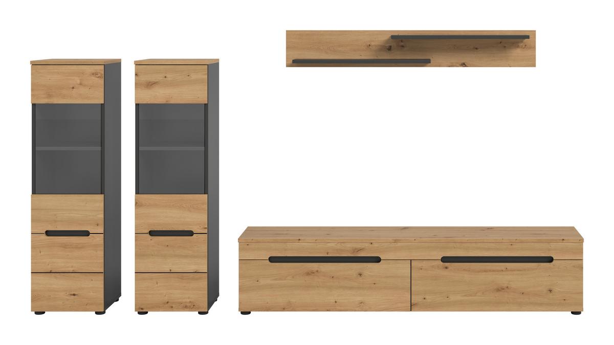 Wohnwand Canu Eiche Artisan Dekor B: 272cm - Schwarz/Eiche Artisan, Design, Holzwerkstoff (272/141/33cm) - Livetastic