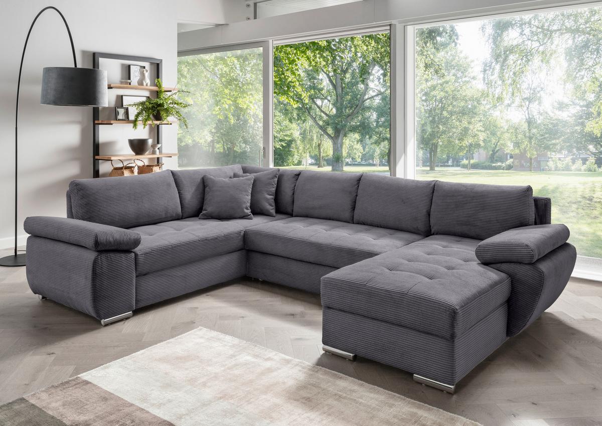 Wohnlandschaft Terana mit Schlaffunktion, Grau - Chromfarben/Grau, KONVENTIONELL, Textil (219/305/157cm) - P & B