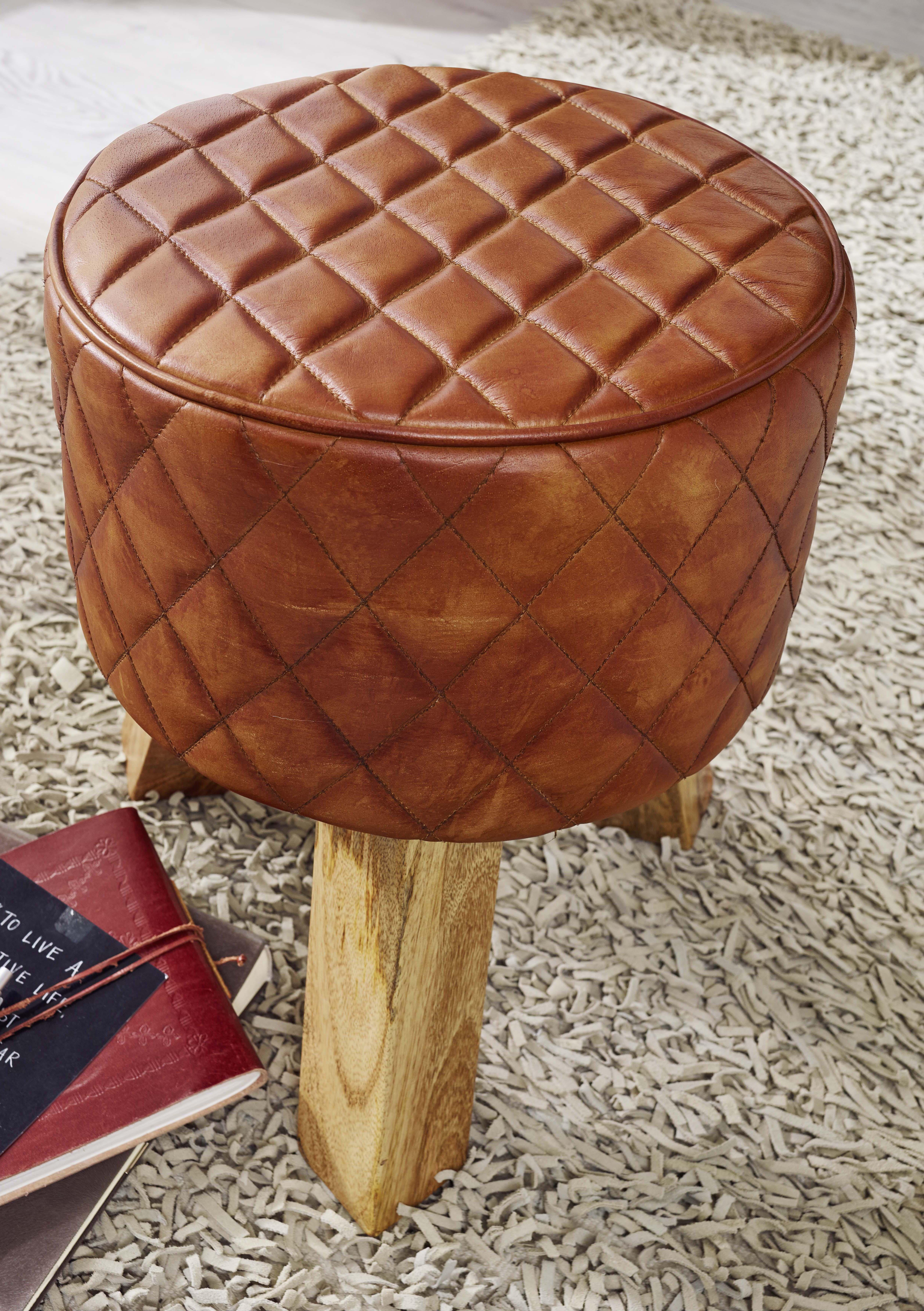 MID.YOU Hocker Leder Braun Sitz Gepolstert H: 46 cm Rund