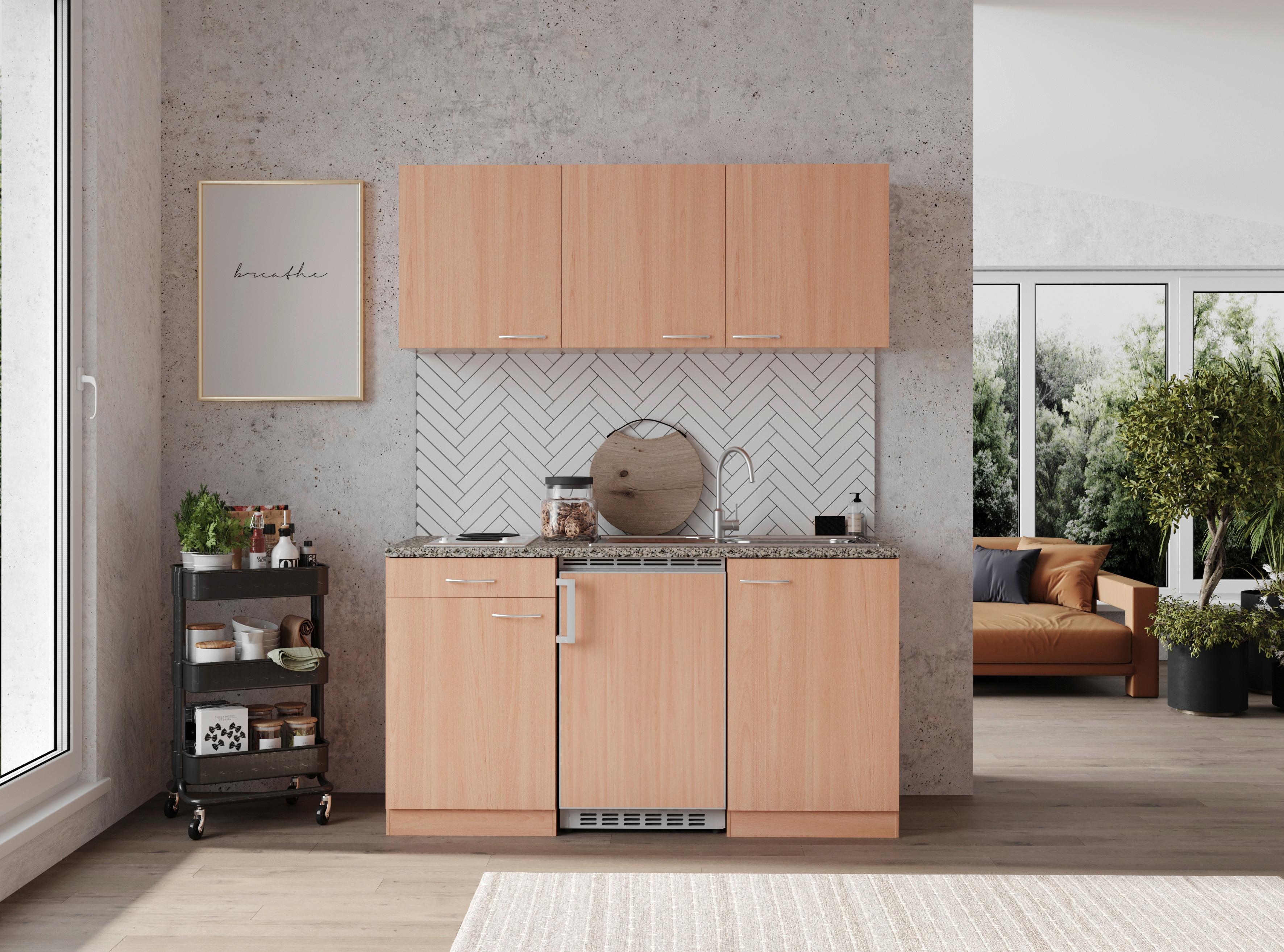 Küchenzeile mit Geräten 150 cm Buche Dekor/Steinoptik - Buchefarben/Grau, KONVENTIONELL, Holzwerkstoff (150cm) - Respekta