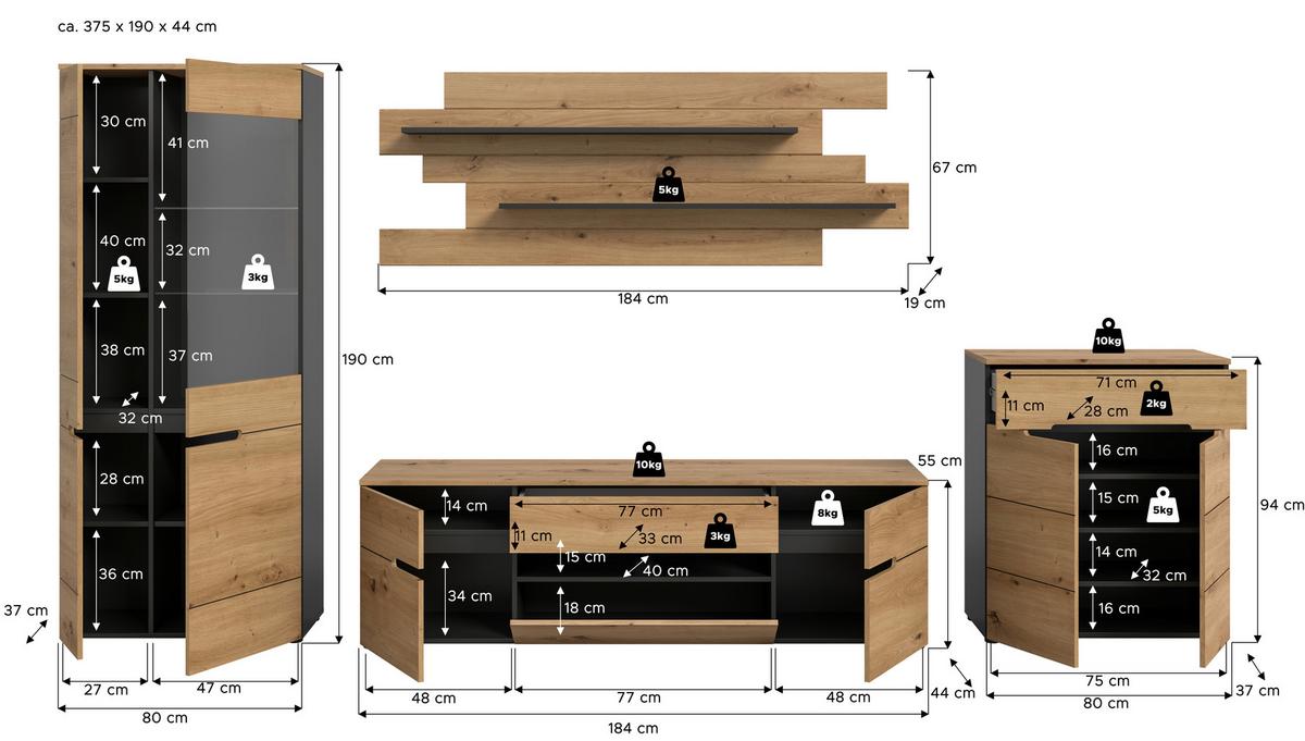 Wohnwand Canu Eiche Artisan Dekor B: 375cm - Schwarz/Eiche Artisan, Design, Holzwerkstoff (375/190/44cm) - Livetastic