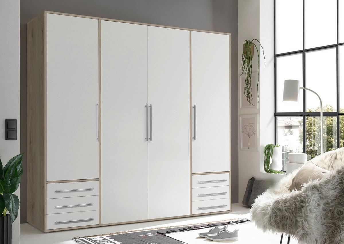 Drehtürenschrank Mit Laden 206cm Lyss Weiß/eiche Dekor - Weiß/Eiche San Remo, MODERN, Holzwerkstoff (206/194/58cm) - Livetastic