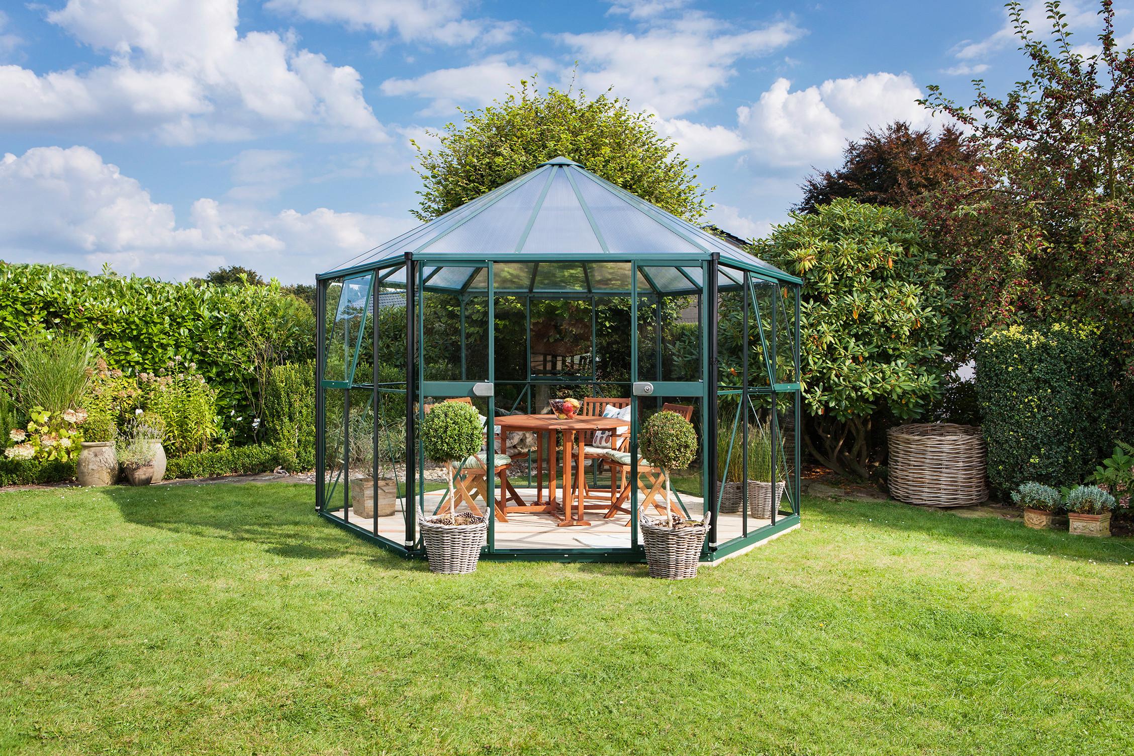 Gewächshaus HERA in Smaragdgrün als Gartenpavillon