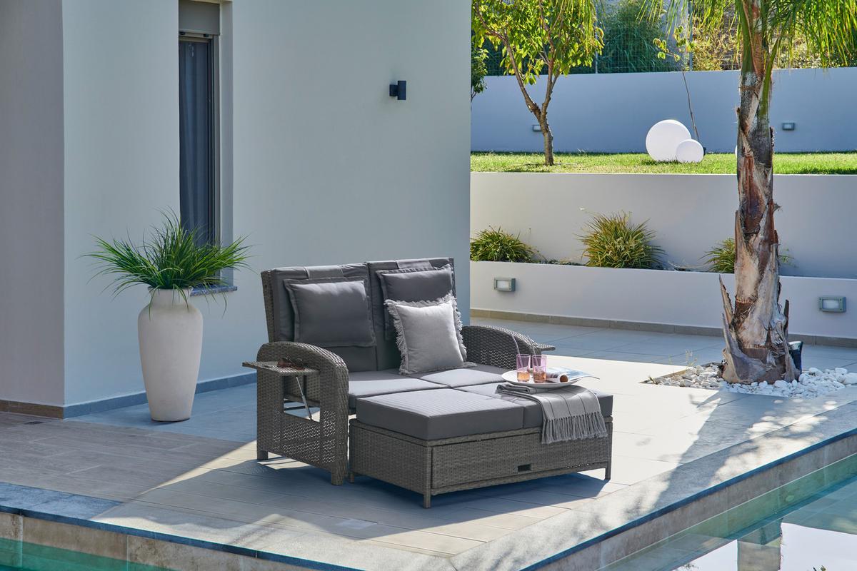 Loungesofa Havanna Kunststoffgeflecht mit Kissen - Braun/Grau, MODERN, Kunststoff/Textil (126/110/95/30,5/82/64cm) - Beldano