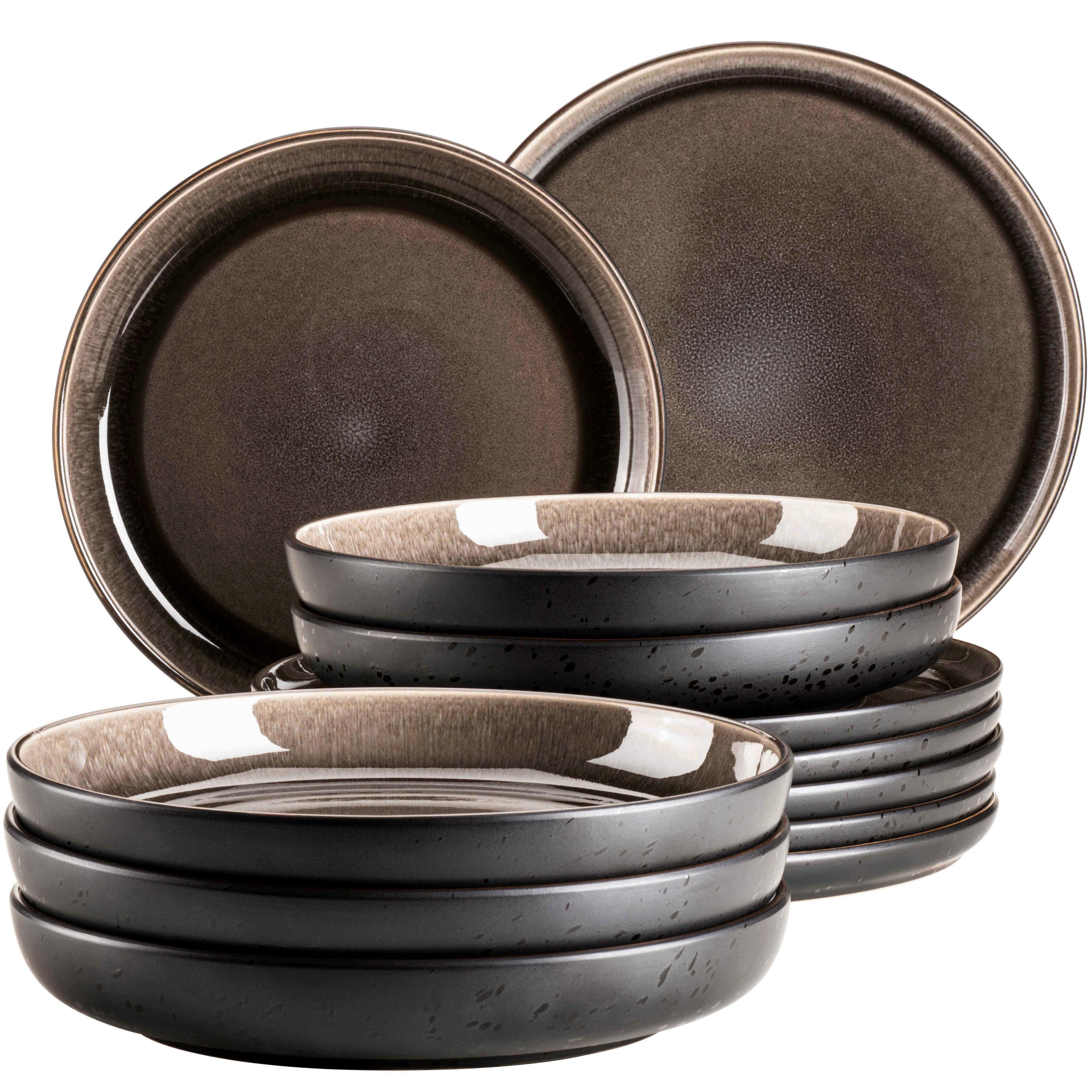 Tafelservice Niara 6 Personen 12-Teilig - Graubraun/Schwarz, Basics, Keramik - Mäser