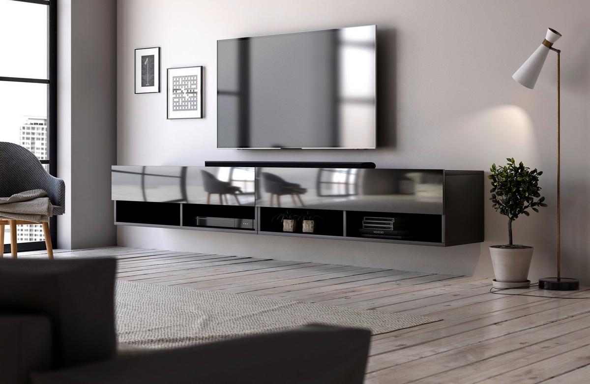 Lowboard TV Stand Derby 200 Schwarz B: 200 cm - Schwarz Hochglanz/Schwarz, Design, Holzwerkstoff/Kunststoff (200/31/33cm) - MID.YOU