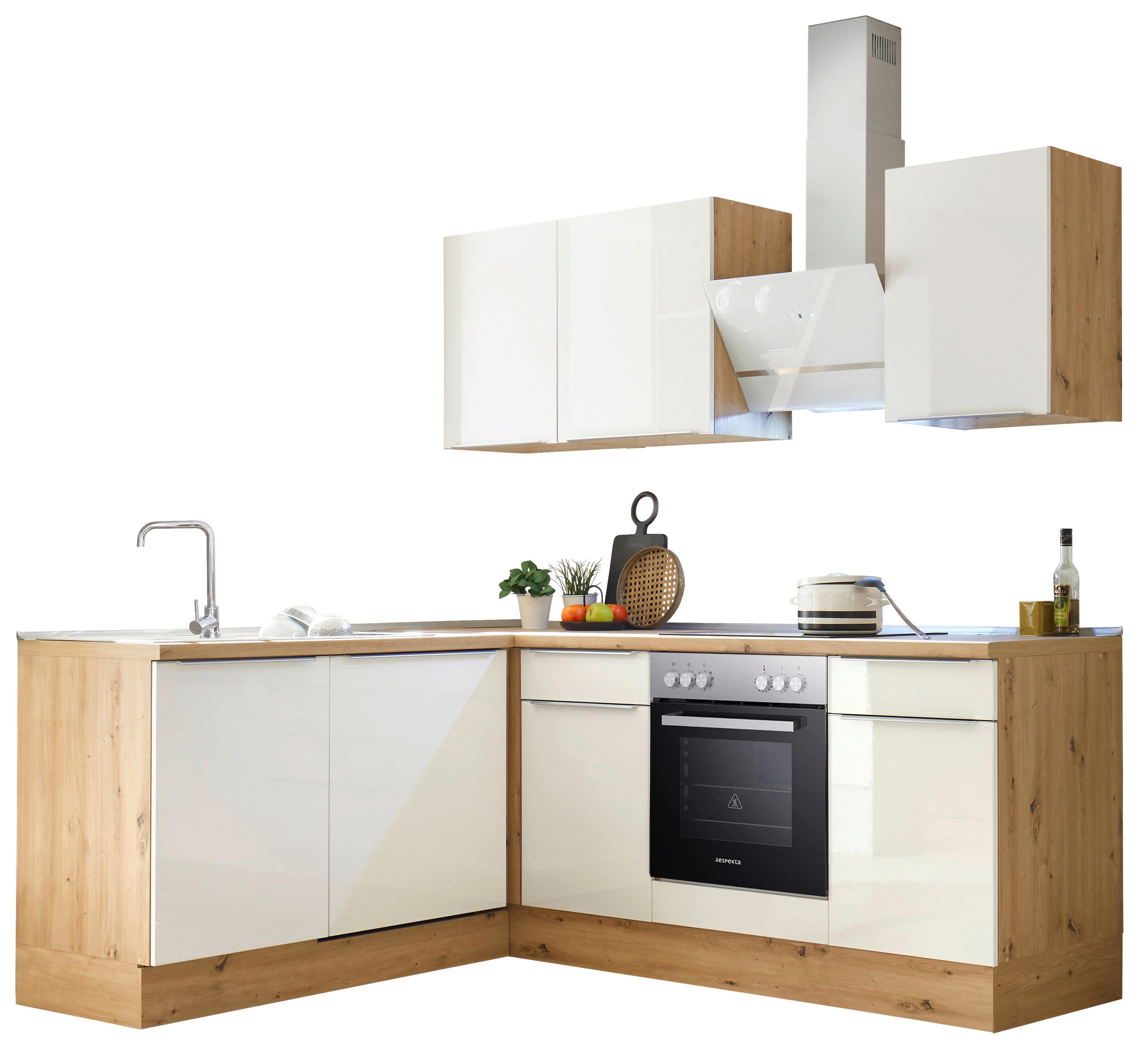 Eckküche mit Geräten 220x170 cm Weiß/Eiche Dekor, Modern - Weiß Hochglanz/Eiche Artisan, LIFESTYLE, Holzwerkstoff (220/170cm) - Respekta