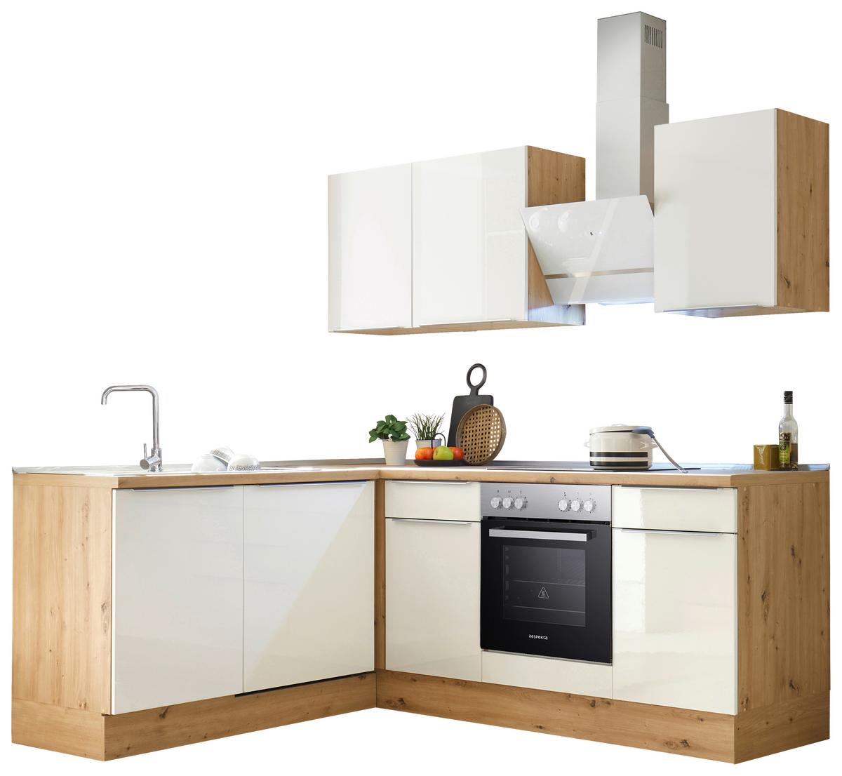 Eckküche mit Geräten 220x170 cm Weiß/Eiche Dekor, Modern - Weiß Hochglanz/Eiche Artisan, LIFESTYLE, Holzwerkstoff (220/170cm) - Respekta