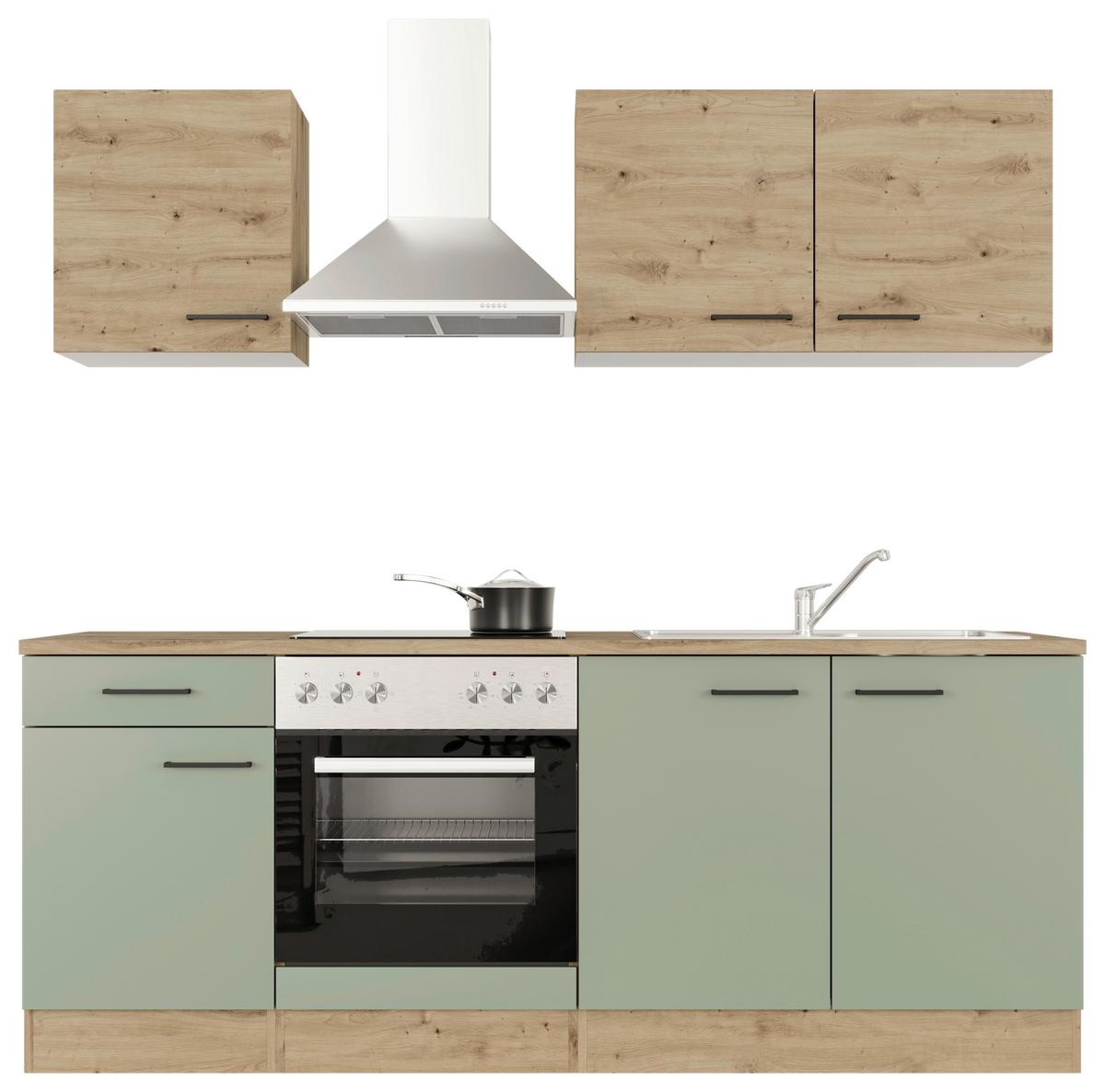 Kuchynský blok CARA bez spotrebičov, šírka 210 cm - čierna/zelená, Konventionell, kov/kompozitné drevo (210/200/60cm)
