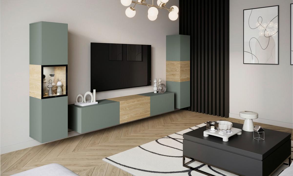 Wohnwand mit LED Berlin III Salbeigrün/Eichefarben - Eichefarben/Salbeigrün, Design, Glas/Holzwerkstoff (240/130/31cm) - P & B
