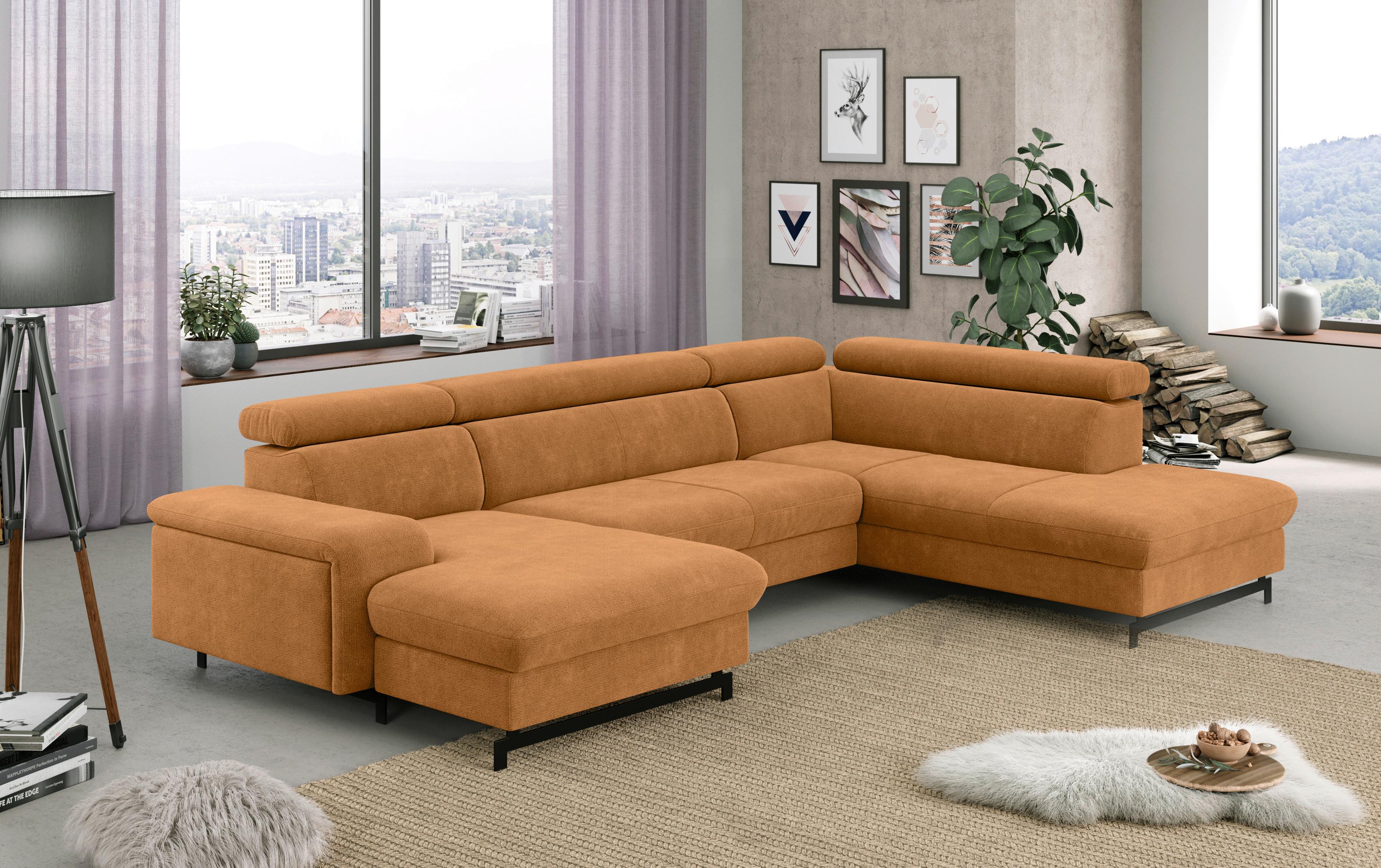 Wohnlandschaft mit Bettkasten Emma Cognac - Cognac/Schwarz, Textil (165/328/215cm) - MID.YOU