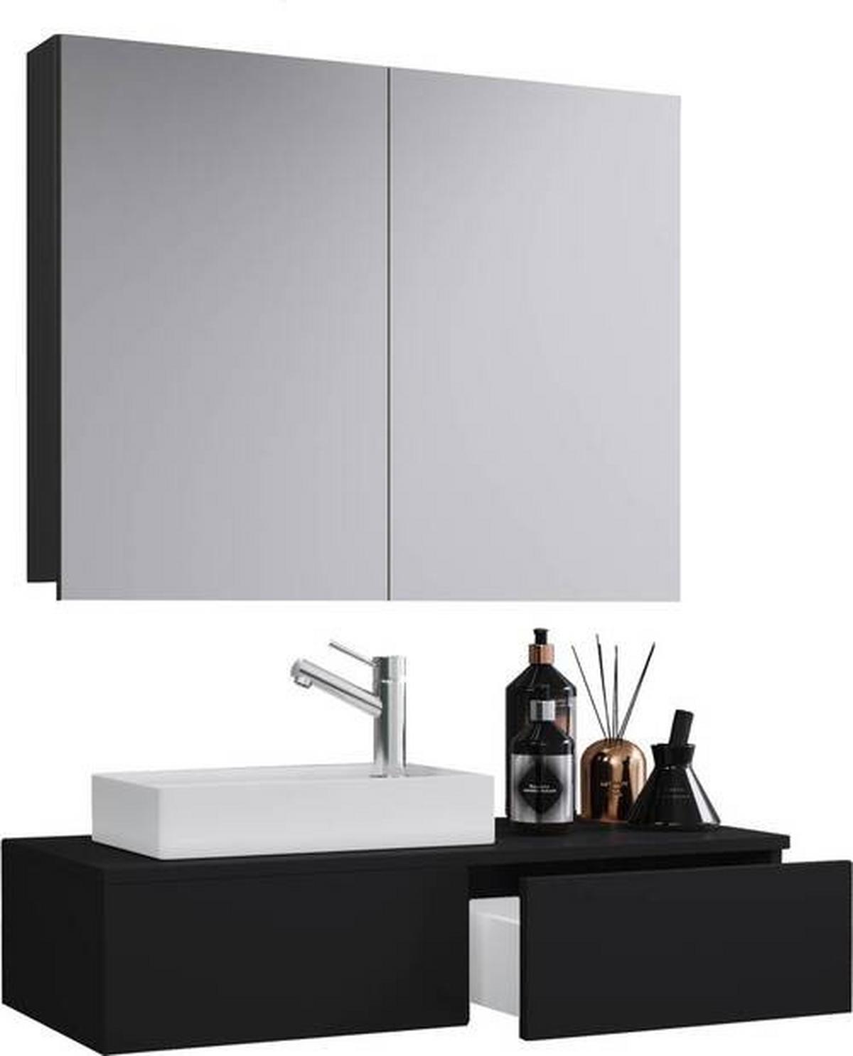 Badmöbel-Set 3-Tlg. Gudas B: 85 cm Schwarz Dekor - Schwarz/Weiß, MODERN, Keramik/Holzwerkstoff (85cm) - MID.YOU