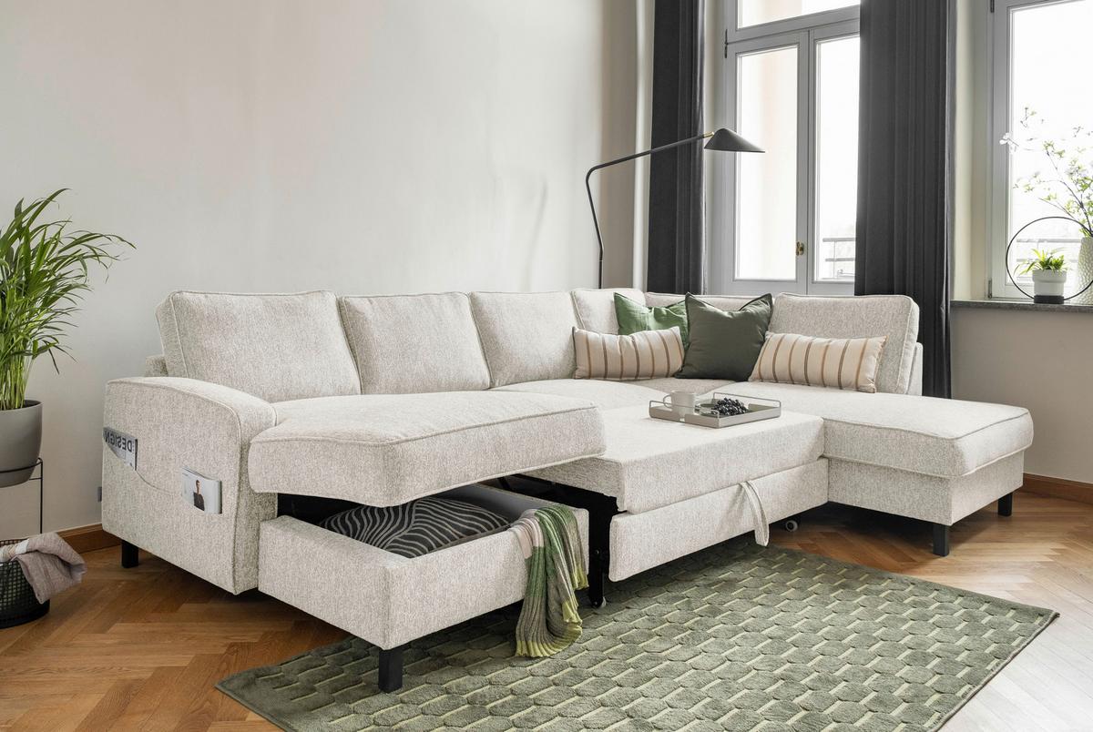 Sedačka MELANIE U, pravá, béžová, úl.prostor a lůžko - černá/béžová, dřevo/textil (148/298/198cm) - MID.YOU