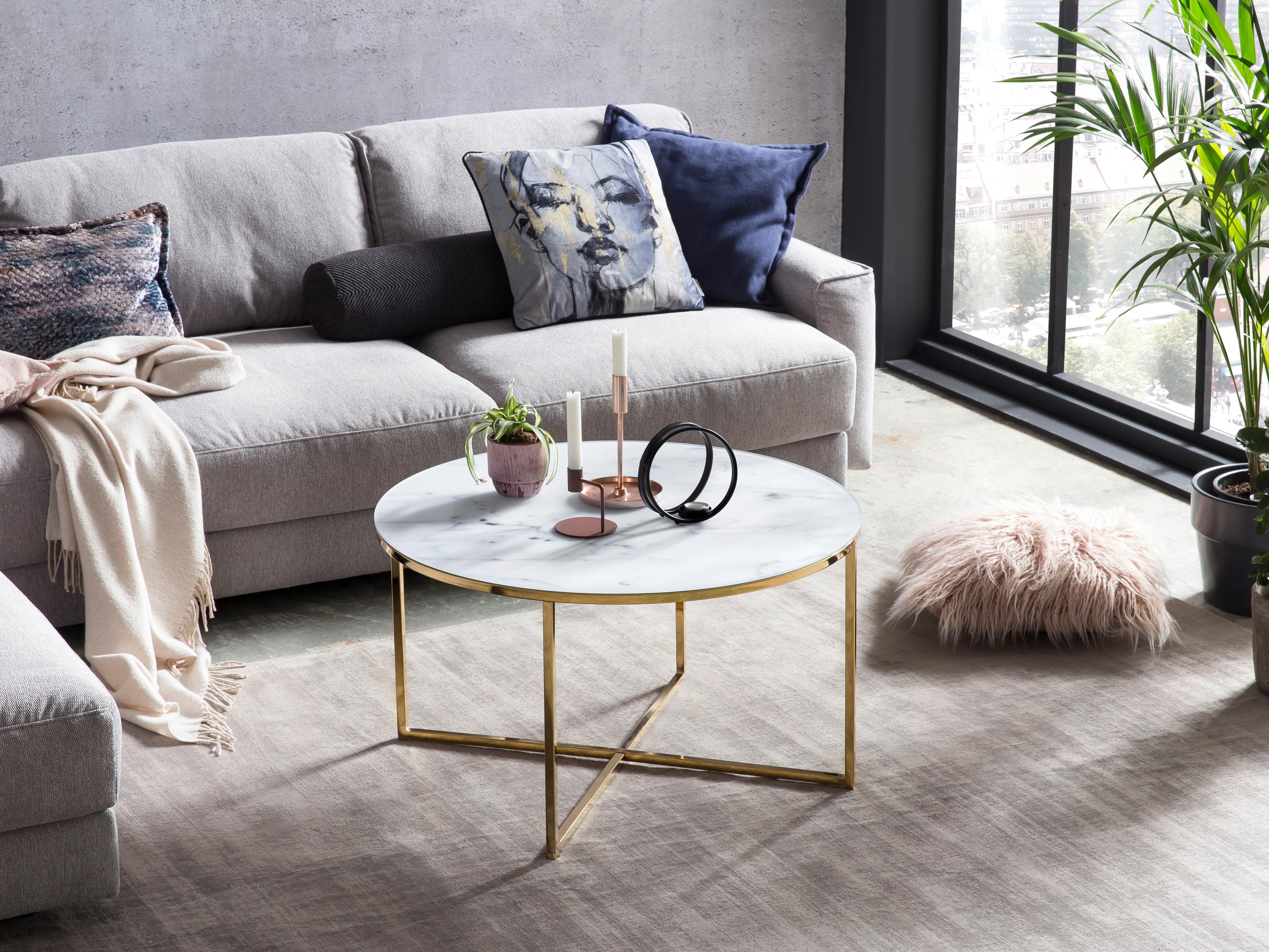 Couchtisch Weiß/goldfarben D: 80 Cm - Goldfarben/Weiß, Design, Glas/Metall (80/80/45cm) - Livetastic