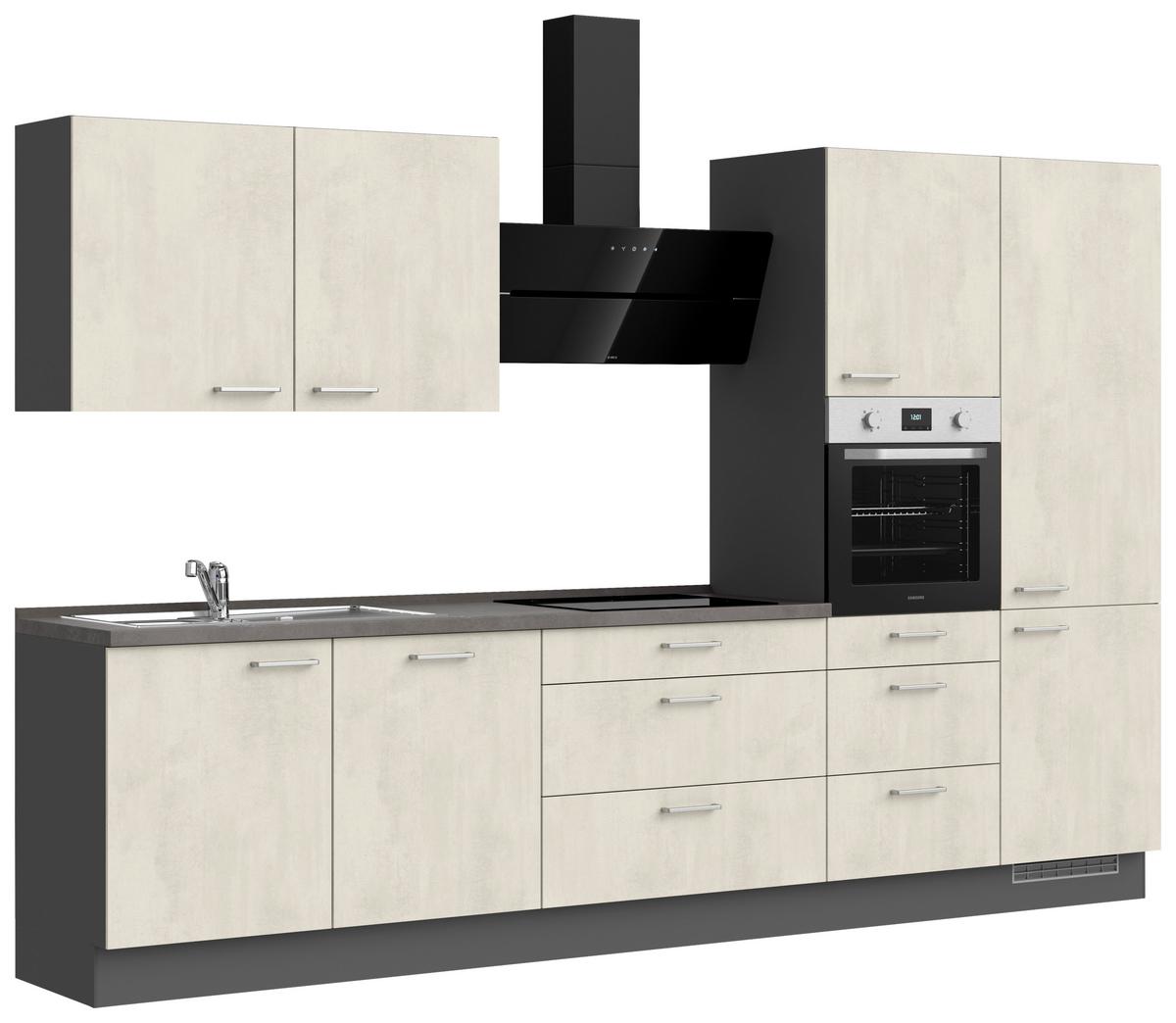 Kuchynská linka 330CM biely betón/ bridlicová šedá - biela/farba ušľachtilej ocele, Modern, kov/kompozitné drevo (330cm) - Nobilia