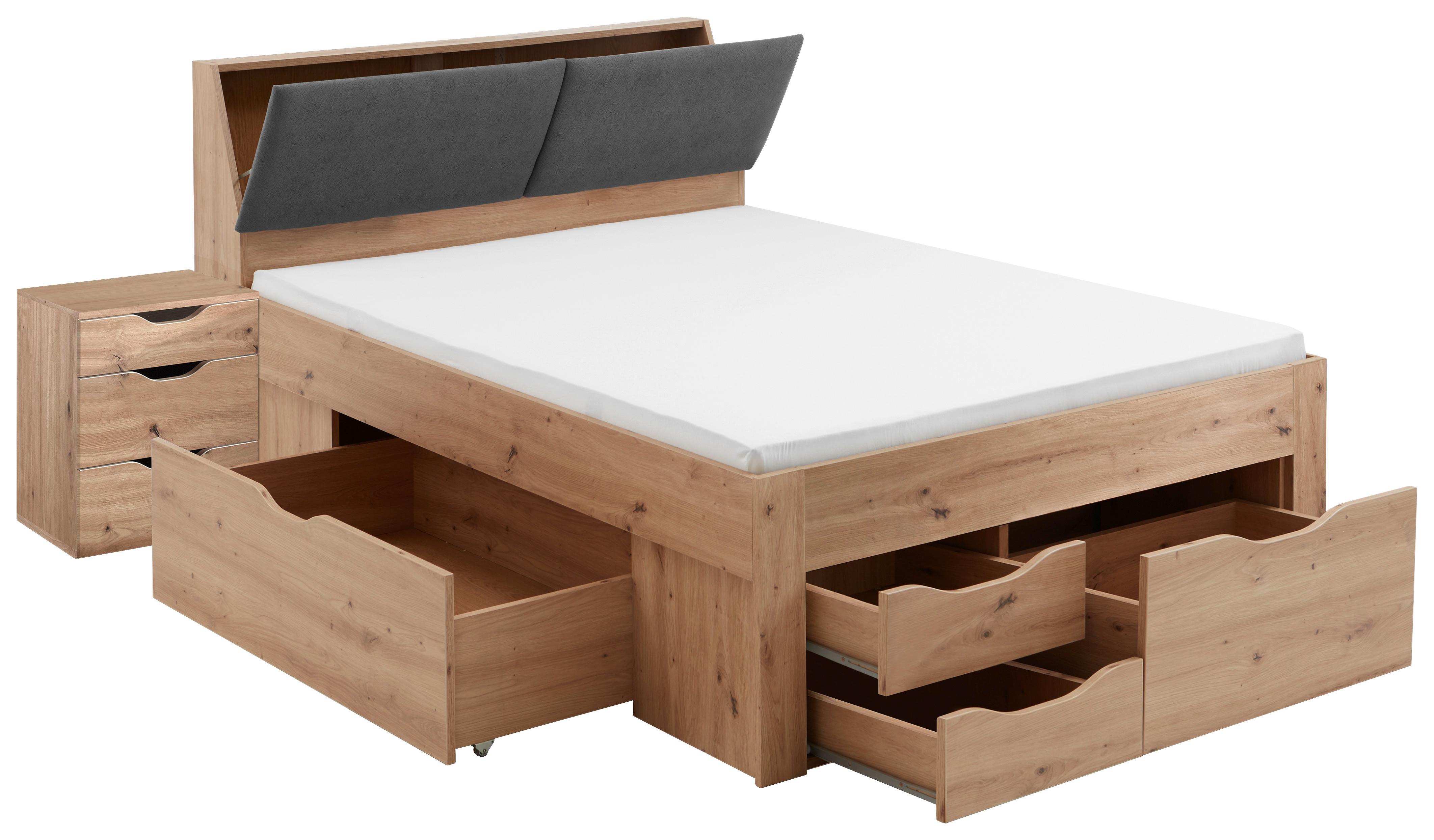 Stauraumbett Maxi - Eiche Artisan/Grau, KONVENTIONELL, Holzwerkstoff (237,5/145,6/103,8cm)