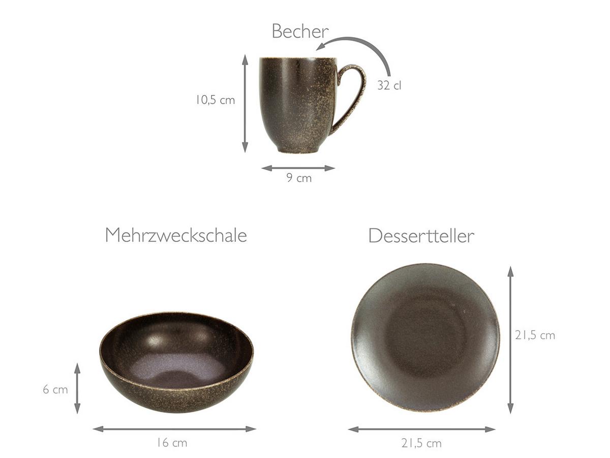 Kombiservice Rusty Keramik 4 Personen Geschirr Set - Goldfarben/Schwarz, Design, Keramik (33/34/34cm) - Creatable