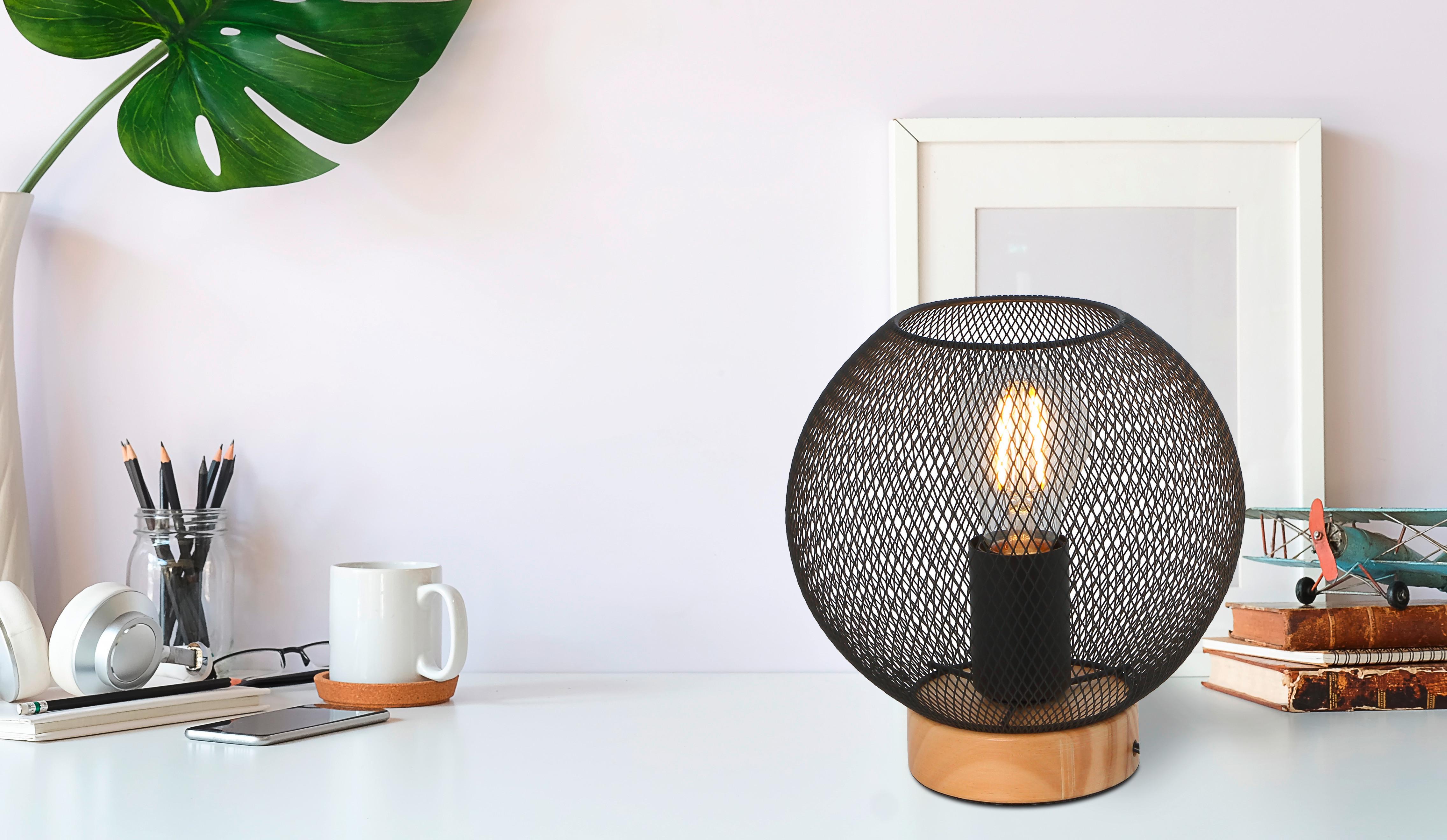 Tischlampe 15663t Schwarz Metall Mit Schalter - Schwarz/Braun, Basics, Holz/Metall (20/20cm) - Globo