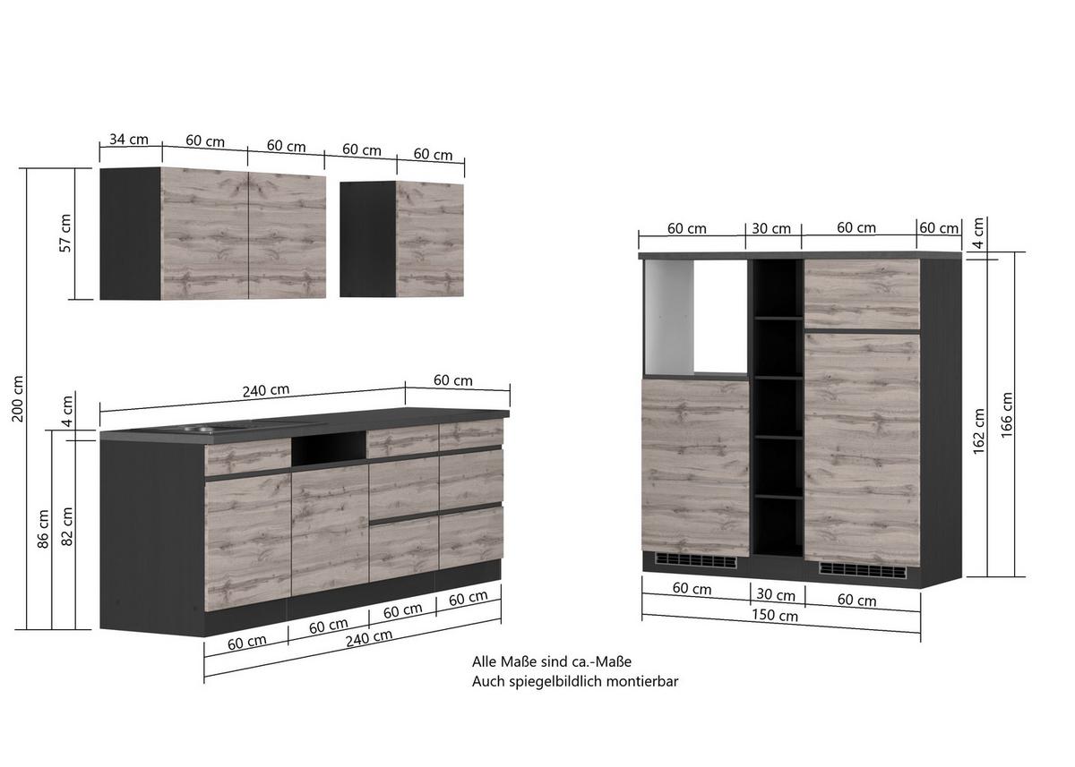 Zweizeilige Küche Turin 390 cm Grau/ Wotaneiche Dekor - Eiche Wotan/Grau, Design, Holzwerkstoff (390cm) - Held