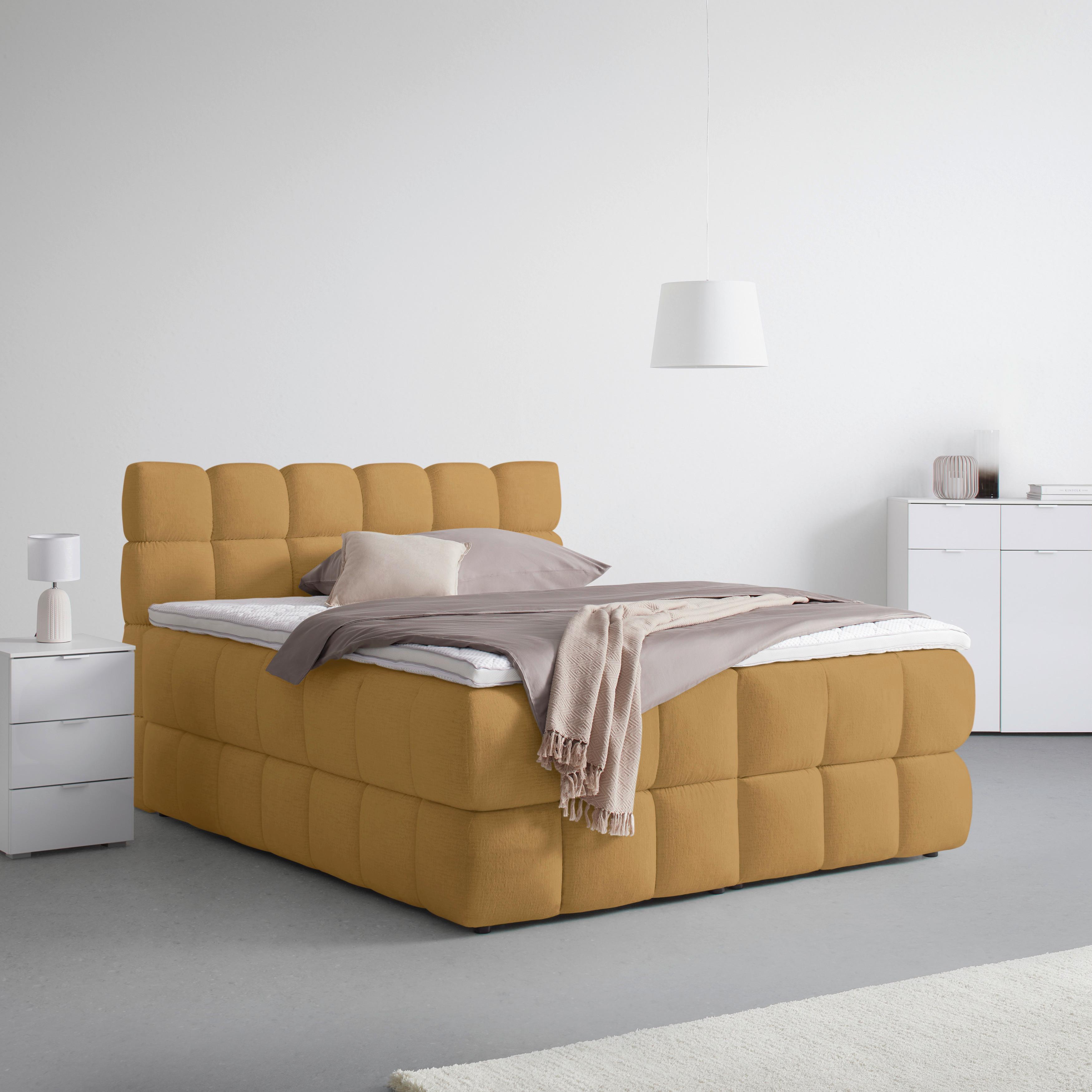 Boxspring posteľ BUBBLE BOX 160/200 cm, horčicovožltá - horčicovožltá/čierna, Konventionell, kov/drevo (160/200cm) - Premium Living